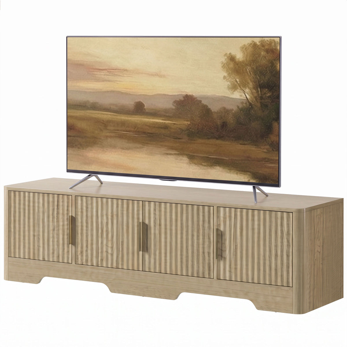TV Stand for TVs up to 60", Modern Entertainment Center with Fluted Doors, Media Console Table with 3 Cabinets, Adjustable Shelf and Cable Management for Living Room, Oak