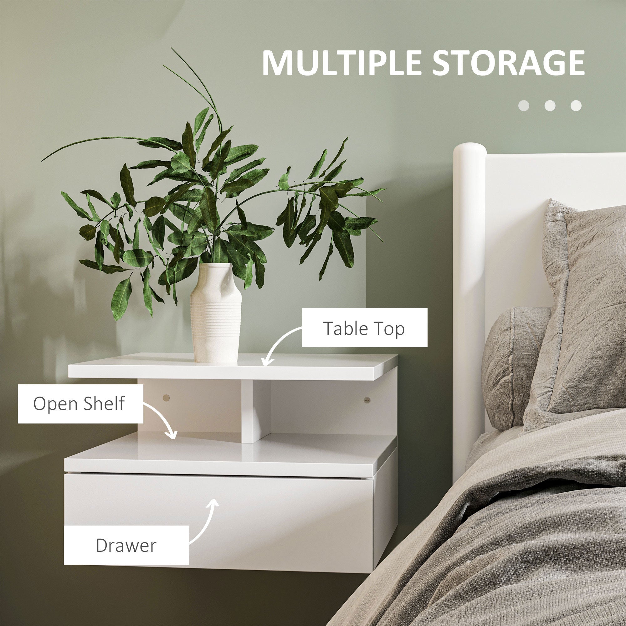 HOMCOM Floating Bedside Table Set of 2, Wall Mount Nightstands with Storage Drawer and Open Shelf for Bedroom, High Gloss White