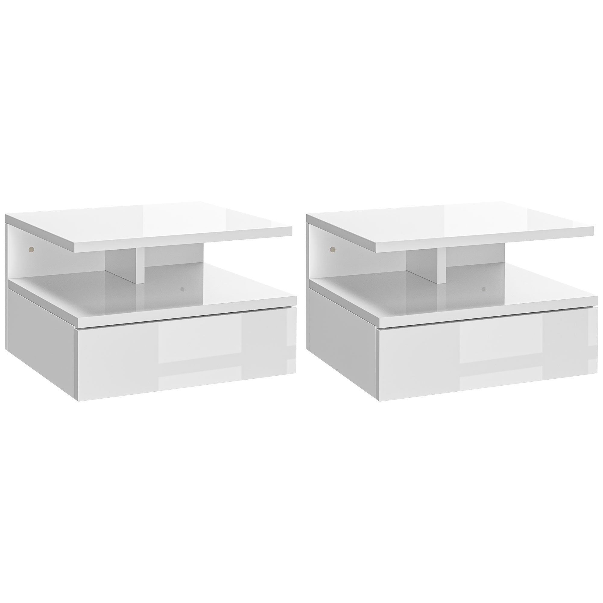 HOMCOM Floating Bedside Table Set of 2, Wall Mount Nightstands with Storage Drawer and Open Shelf for Bedroom, High Gloss White