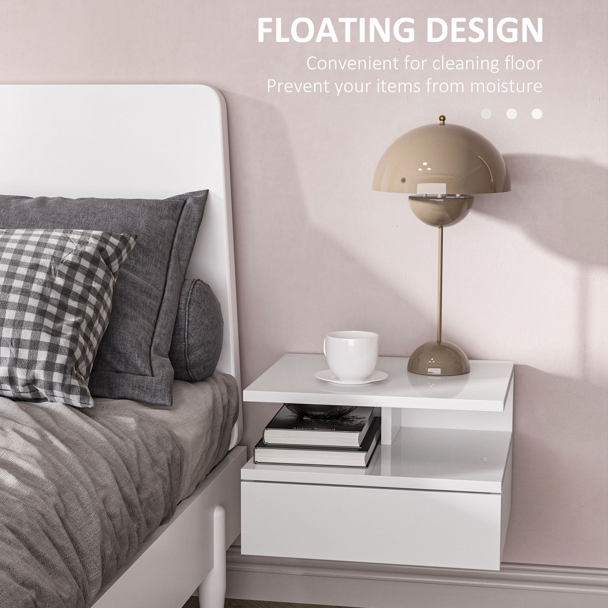 HOMCOM Floating Bedside Table Set of 2, Wall Mount Nightstands with Storage Drawer and Open Shelf for Bedroom, High Gloss White