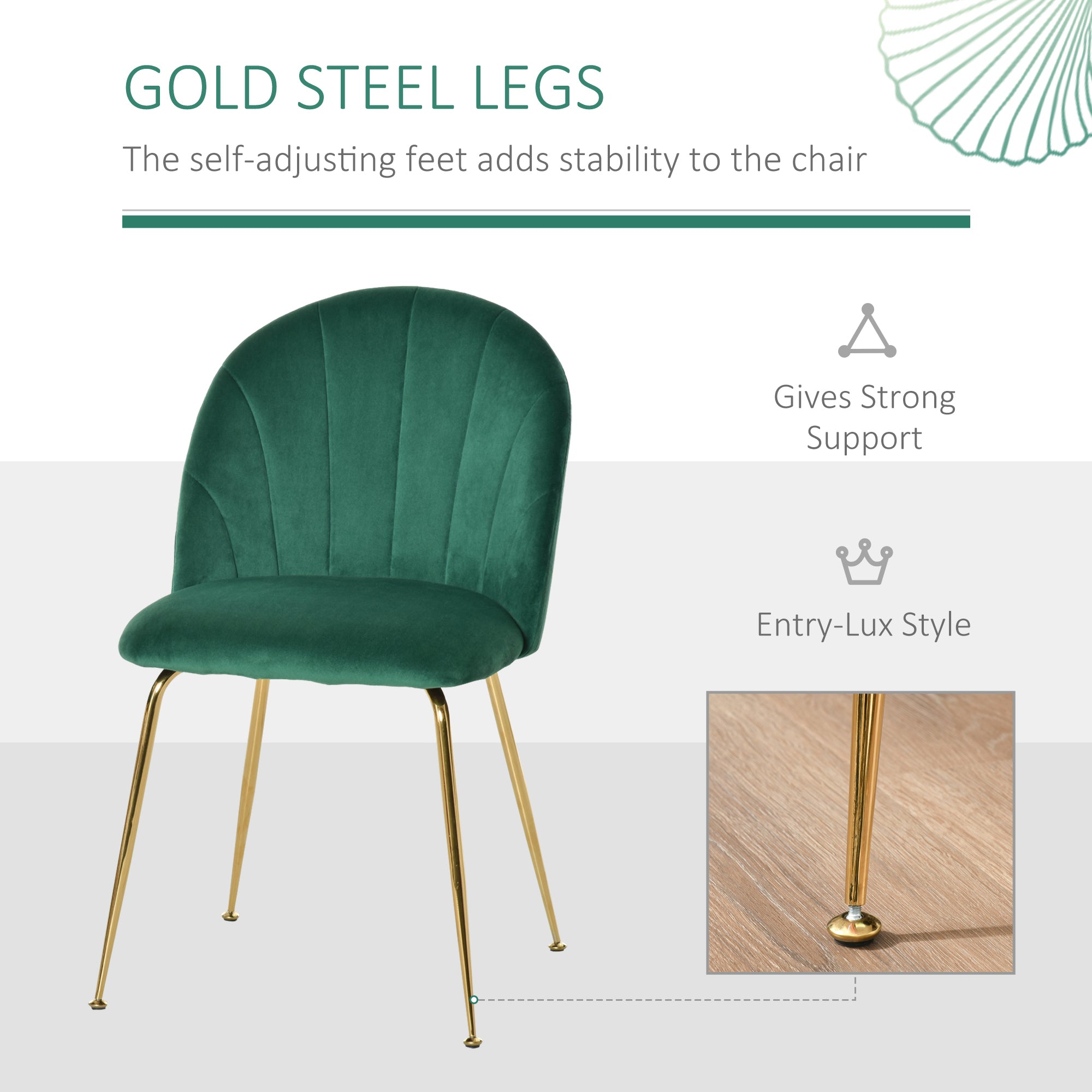 HOMCOM Modern Dining Chairs Set of 2, Upholstered Kitchen Chairs, Accent Chair with Gold Metal Legs for Kitchen, Dining Room, Green