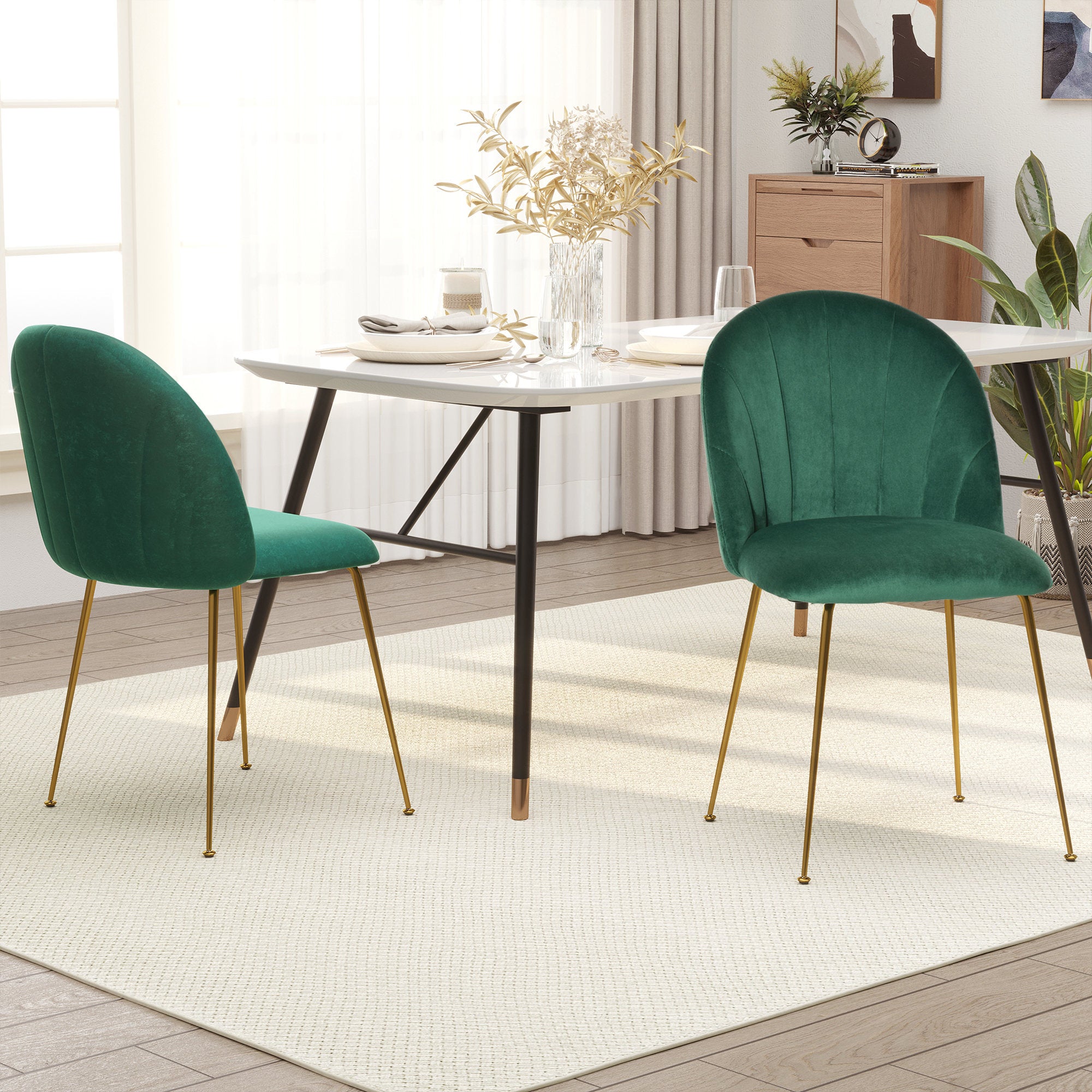 HOMCOM Modern Dining Chairs Set of 2, Upholstered Kitchen Chairs, Accent Chair with Gold Metal Legs for Kitchen, Dining Room, Green