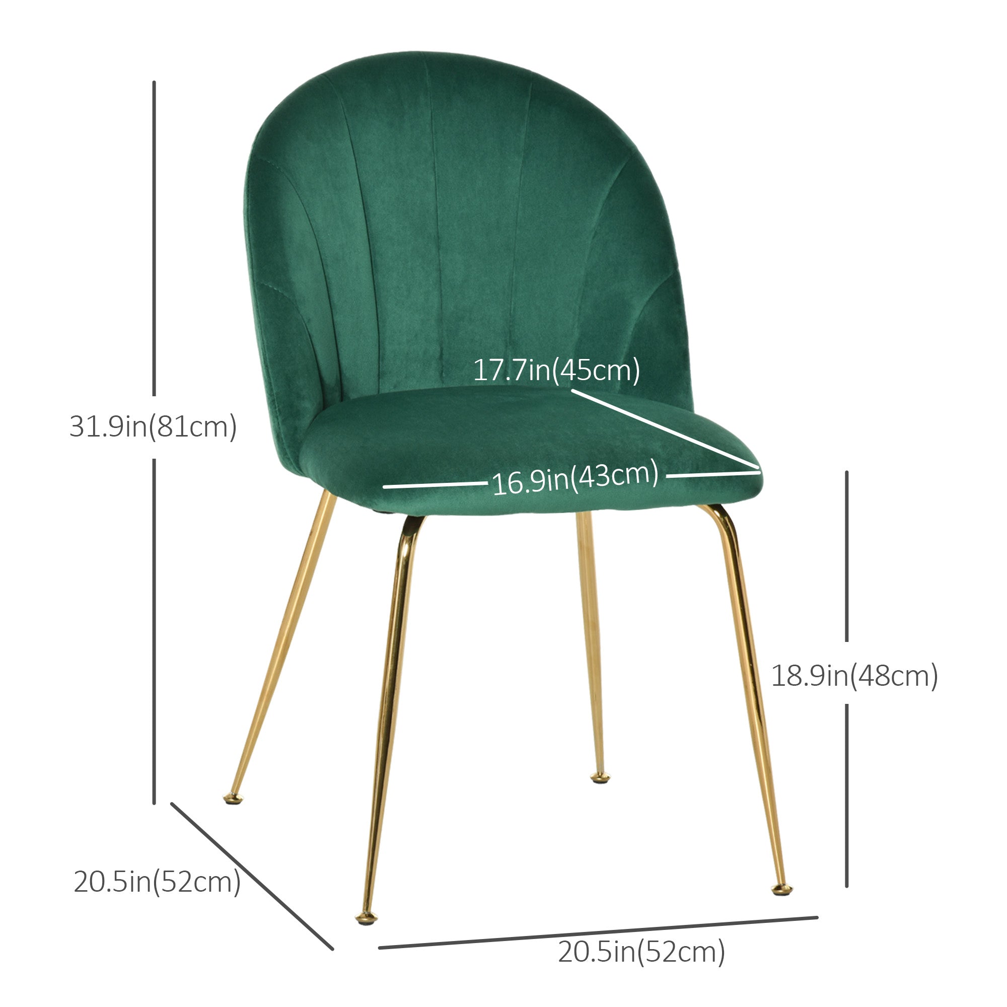 HOMCOM Modern Dining Chairs Set of 2, Upholstered Kitchen Chairs, Accent Chair with Gold Metal Legs for Kitchen, Dining Room, Green