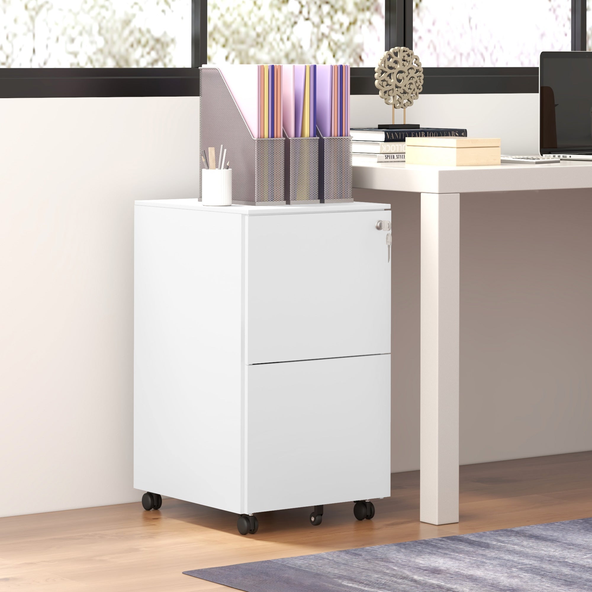 Vinsetto 2-Drawer Vertical Filing Cabinet with Lock and 5 Wheels, Steel Mobile File Cabinet, for A4, Legal and Letter Size, Pre-Assembled Body, White
