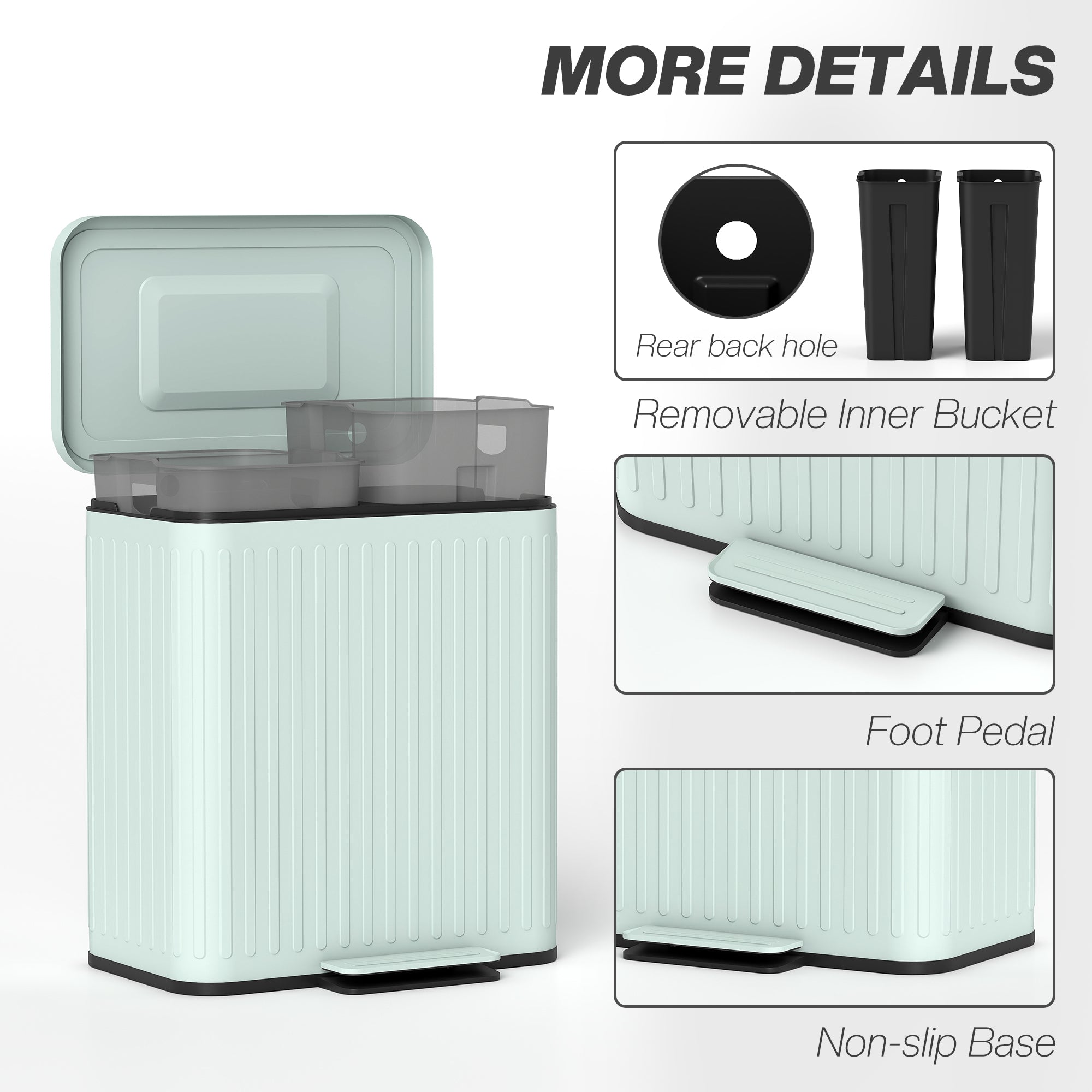 Trash Can with Lid, 2 x 5.3Gal Double Step-On Kitchen Trash Can with Rubbish Bags, Foot Pedal, Soft-Close Lid, Removable Buckets, Fingerprint-Proof Rubbish Bin for Kitchen, Office, Light Green