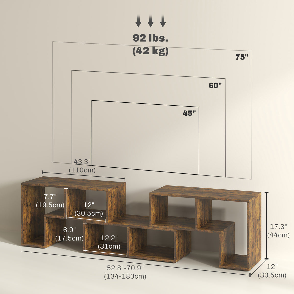 TV Stand for TVs up to 75", 3-Piece Modular TV Console, Industrial Entertainment Center with Open Storage Shelves for Living Room, Rustic Brown