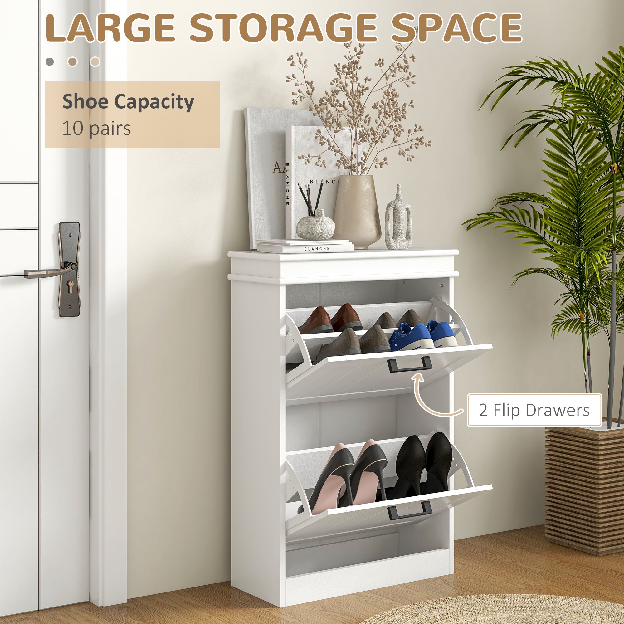 HOMCOM Modern Shoe Cabinet with 4 Flip Drawers and Adjustable Shelves, Narrow Shoe Storage Cabinet for Entryway, Hallway, Holds 10 Pairs of Shoes, White