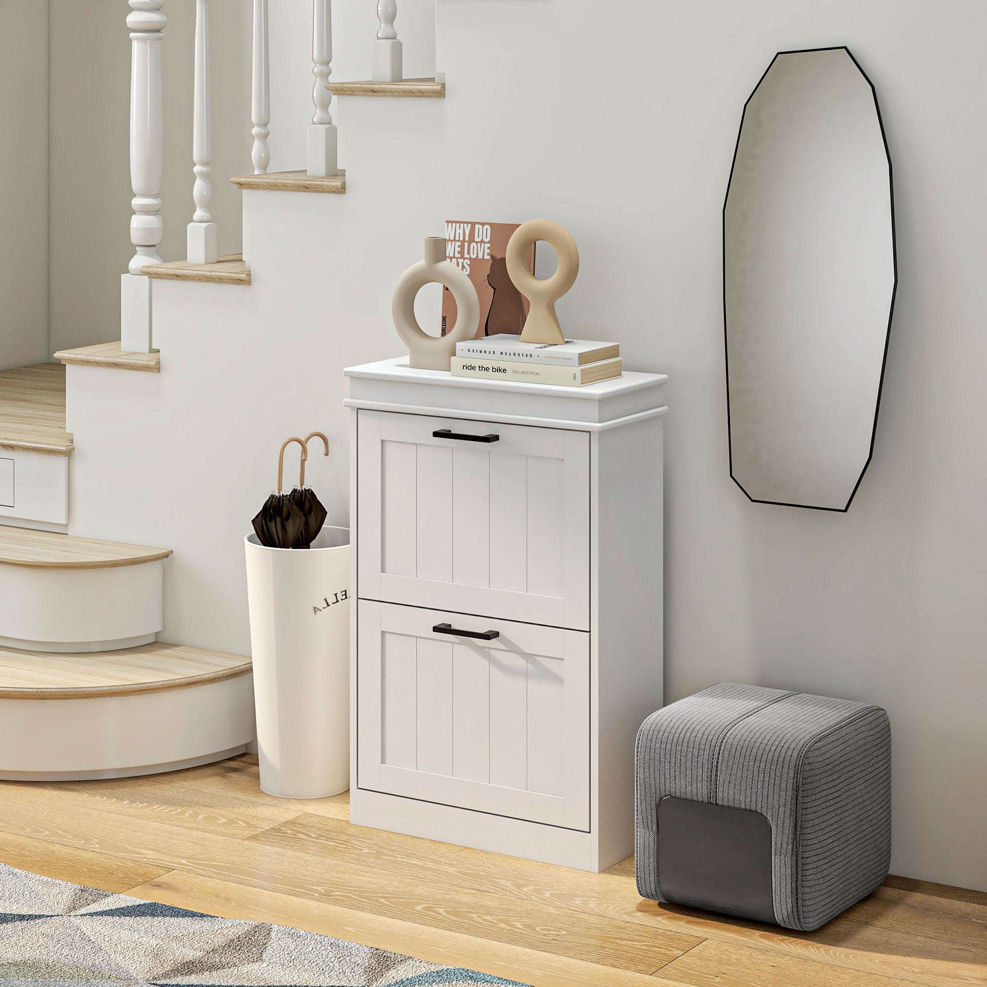 HOMCOM 2 Drawers Entryway Shoe Cabinet, Narrow Shoe Storage Cabinet with 2 Flip Drawers and Adjustable Shelves for 10 Pairs of Shoes, White