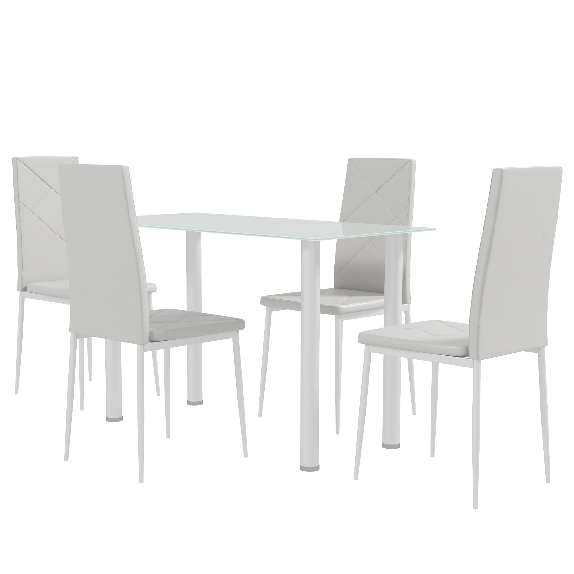 HOMCOM Modern Dining Table Set for 4, Space-Saving 5 Pieces Kitchen Table Set with PU Leather Upholstered Chairs, Glass Table Top and Steel Frame, White