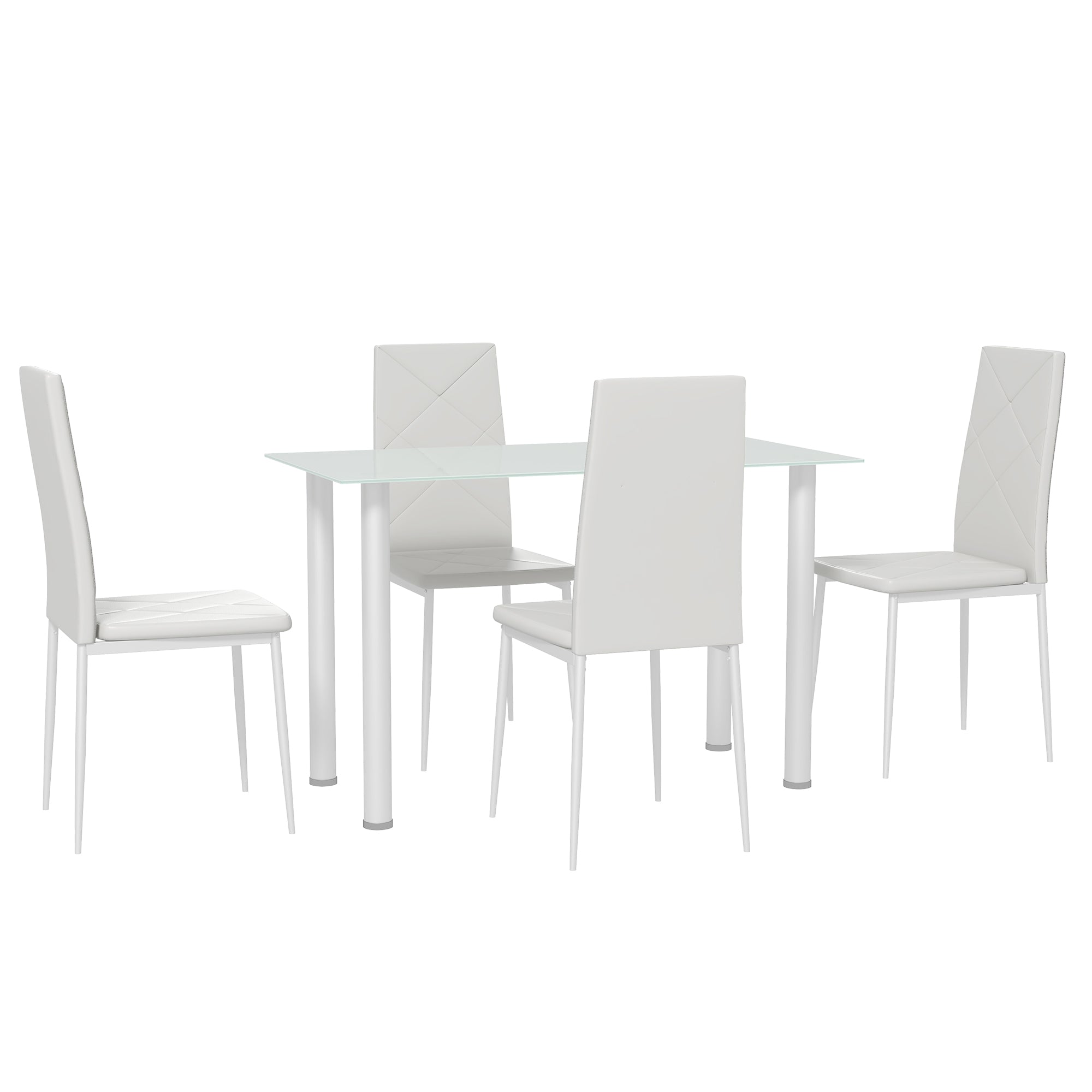 HOMCOM Modern Dining Table Set for 4, Space-Saving 5 Pieces Kitchen Table Set with PU Leather Upholstered Chairs, Glass Table Top and Steel Frame, White