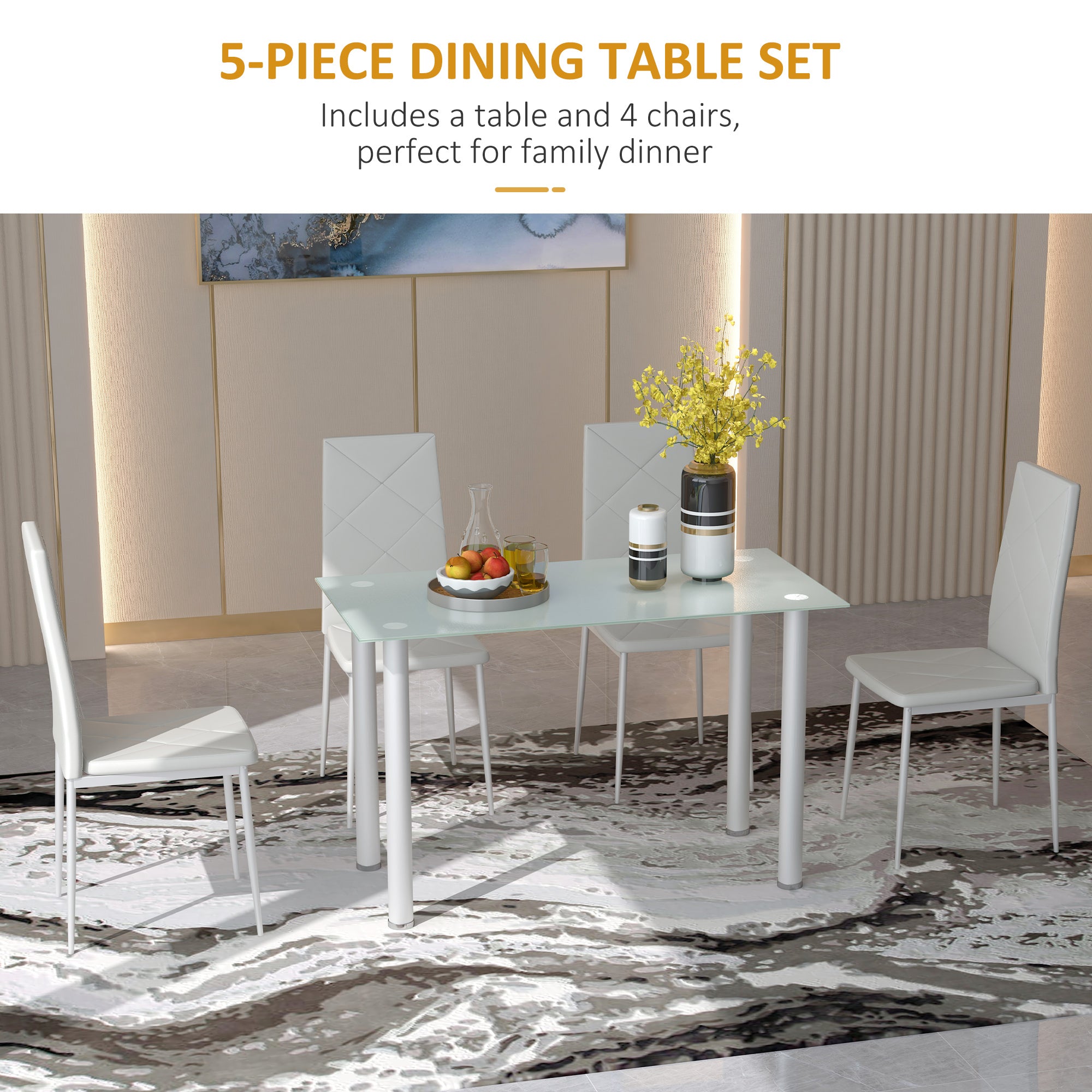 HOMCOM Modern Dining Table Set for 4, Space-Saving 5 Pieces Kitchen Table Set with PU Leather Upholstered Chairs, Glass Table Top and Steel Frame, White