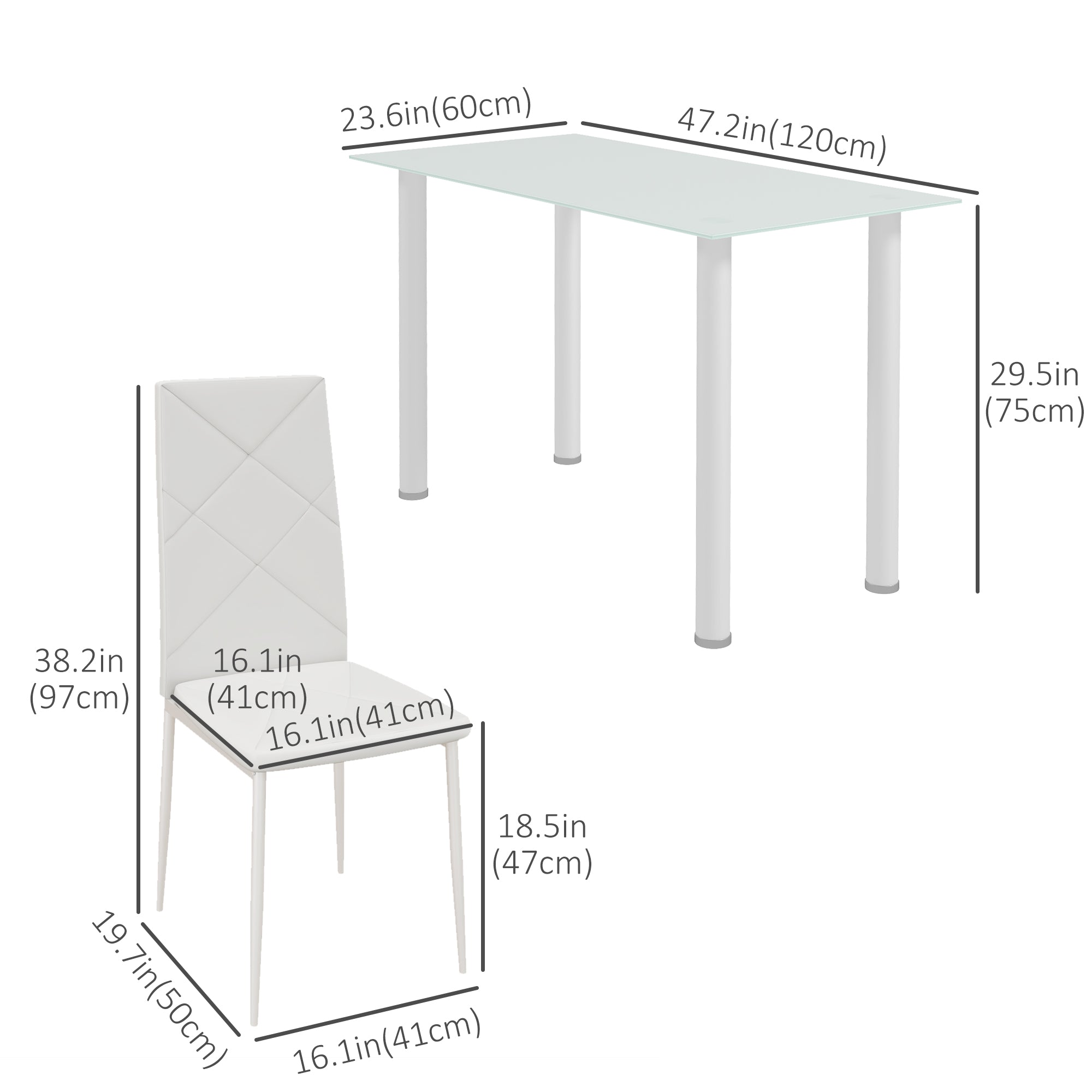 HOMCOM Modern Dining Table Set for 4, Space-Saving 5 Pieces Kitchen Table Set with PU Leather Upholstered Chairs, Glass Table Top and Steel Frame, White