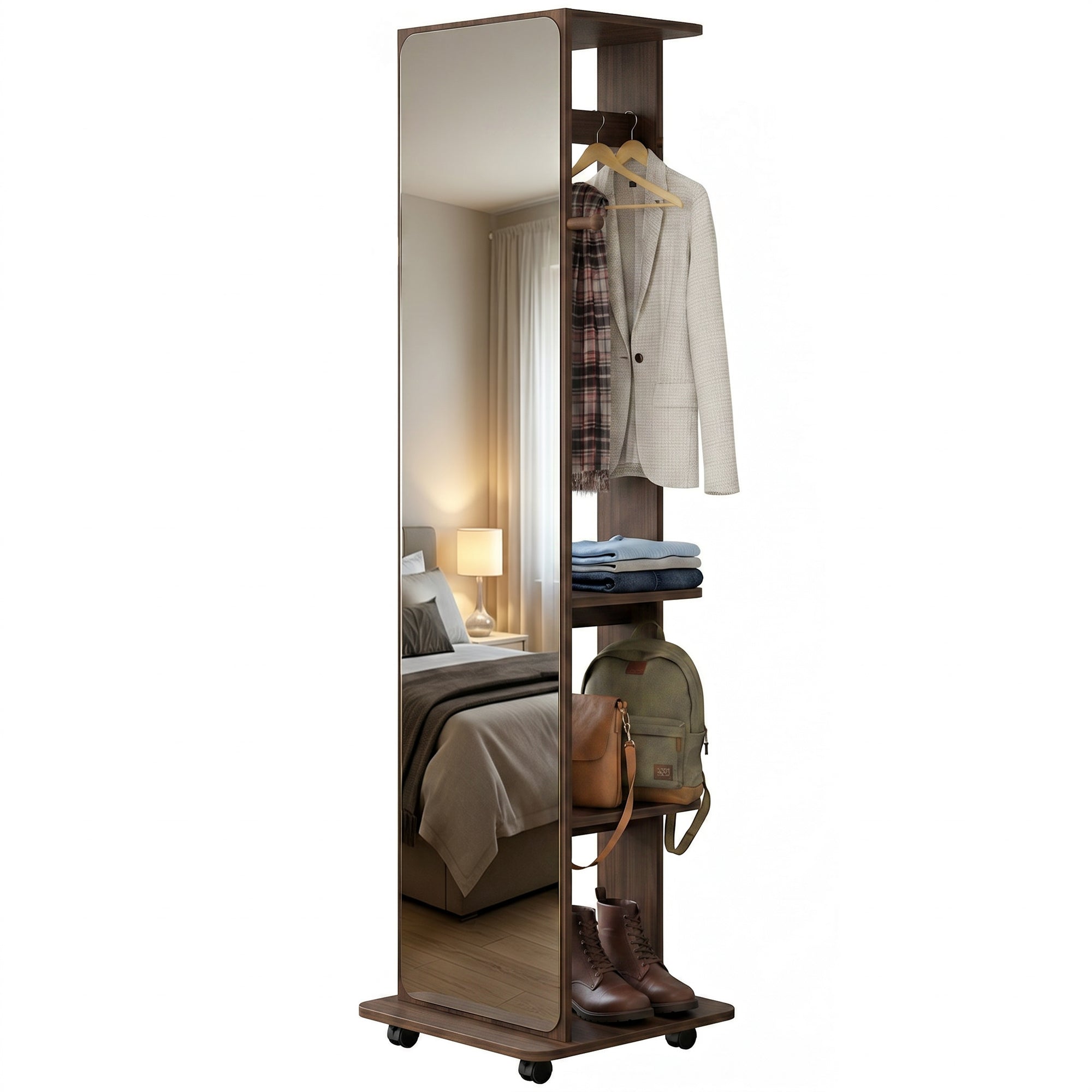 15" x 62" Full Length Mirror, Tempered Glass Floor Mirror on Wheels with Storage Shelves, Coat Hangers for Bedroom, Living Room, Brown Wood Grain