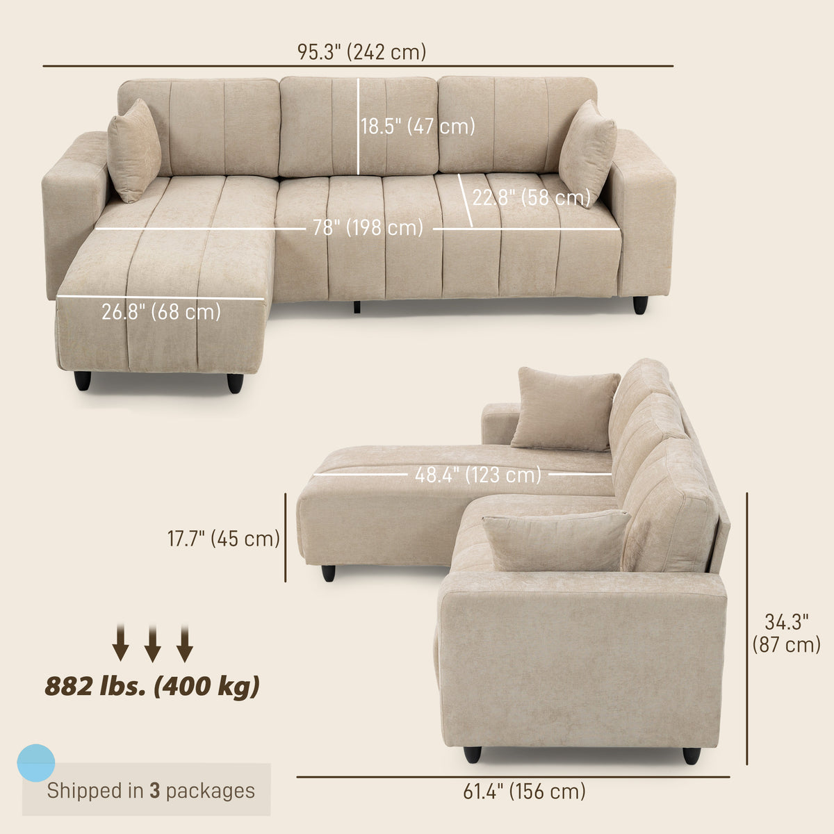 Modular Sectional Sofa with Changeable Chaise, Integrated Seat, 95" Large 3 Seater L-Shaped Sofa with Spring Cushion, 2 Pillows, Steel Frame for Living Room, Beige