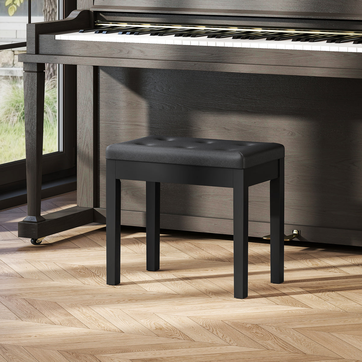 Piano Bench with Storage and Padded Cushion, Faux Leather Keyboard Bench with Solid Wood Legs, Black