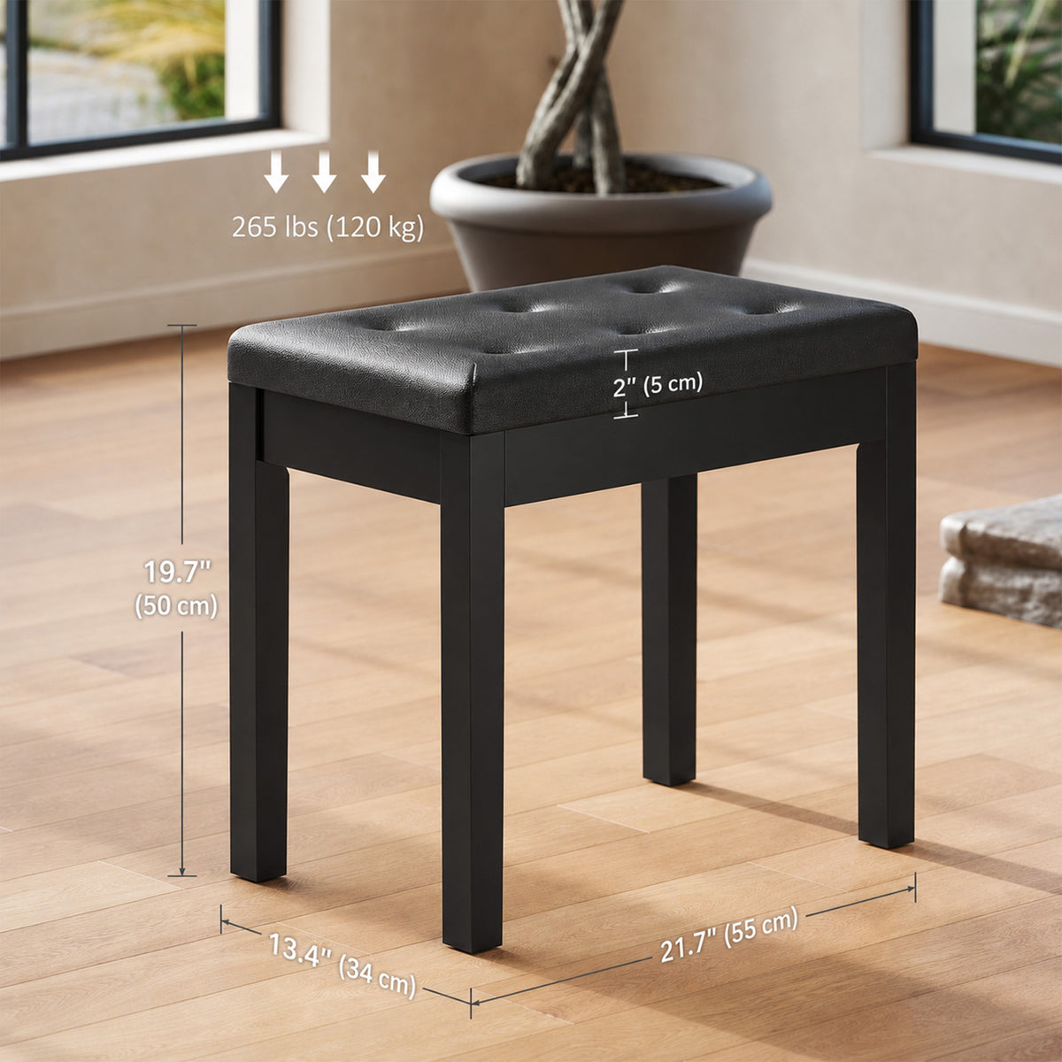 Piano Bench with Storage and Padded Cushion, Faux Leather Keyboard Bench with Solid Wood Legs, Black