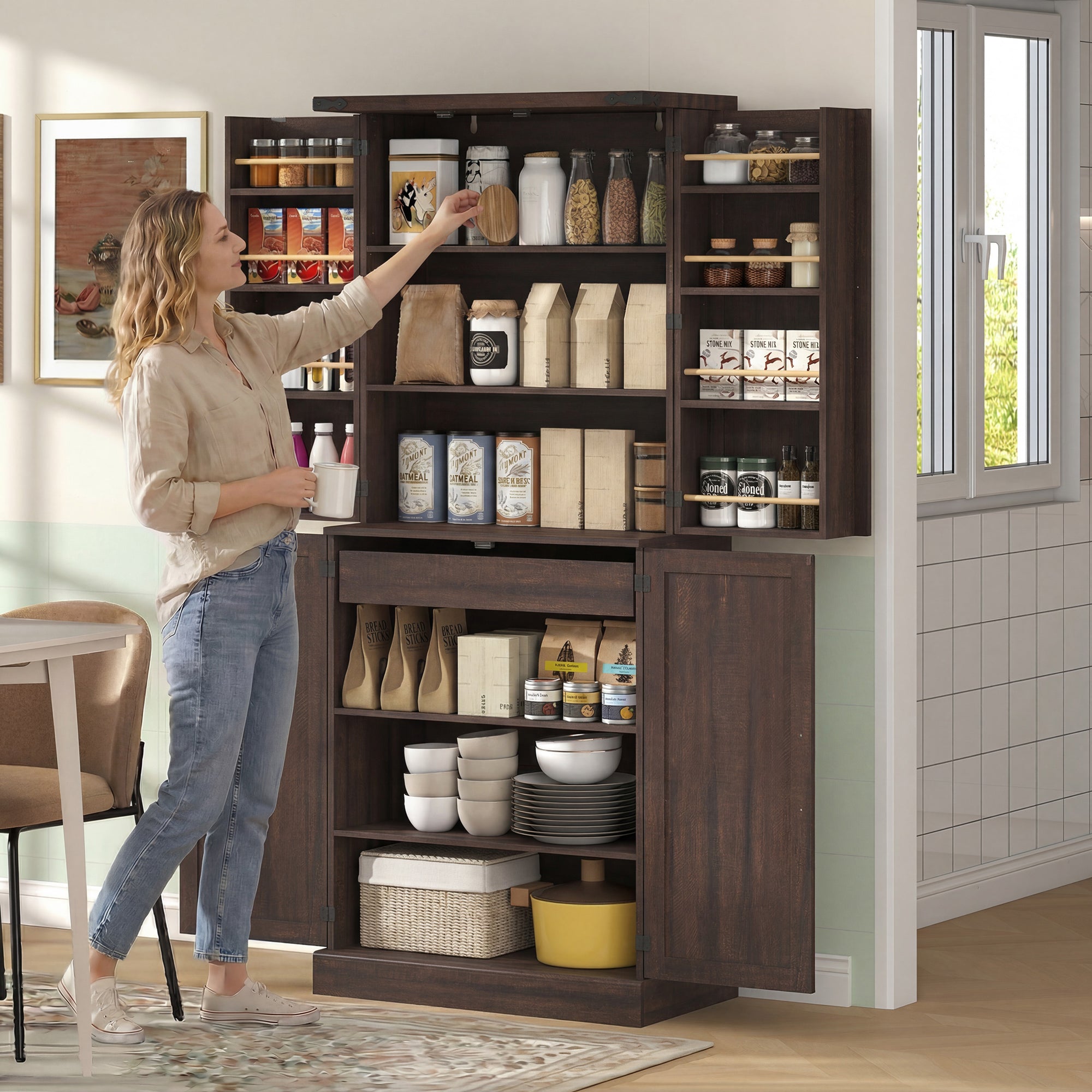 72" Tall Kitchen Pantry Cabinet, Farmhouse Storage Cabinet with 8 Door Racks and Drawer, Freestanding Food Pantry with Adjustable Shelves and Barn Doors, Distressed Brown