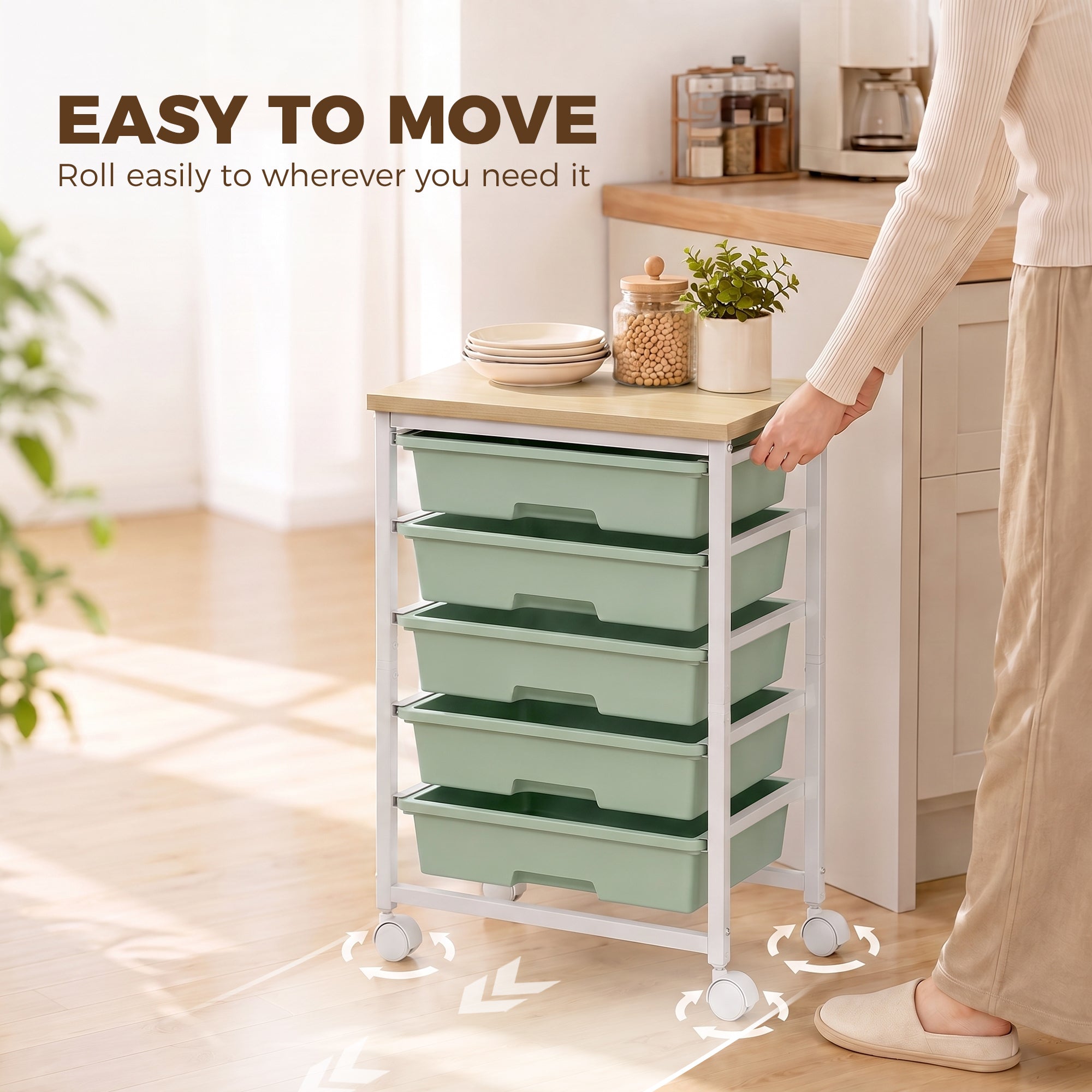 6-Tier Storage Trolley on Wheels, Metal Kitchen Rolling Cart with 5 Pull-Out Drawers, Kitchen Storage Rack for Living Room, Dining Room, Bedroom, Bathroom, Green