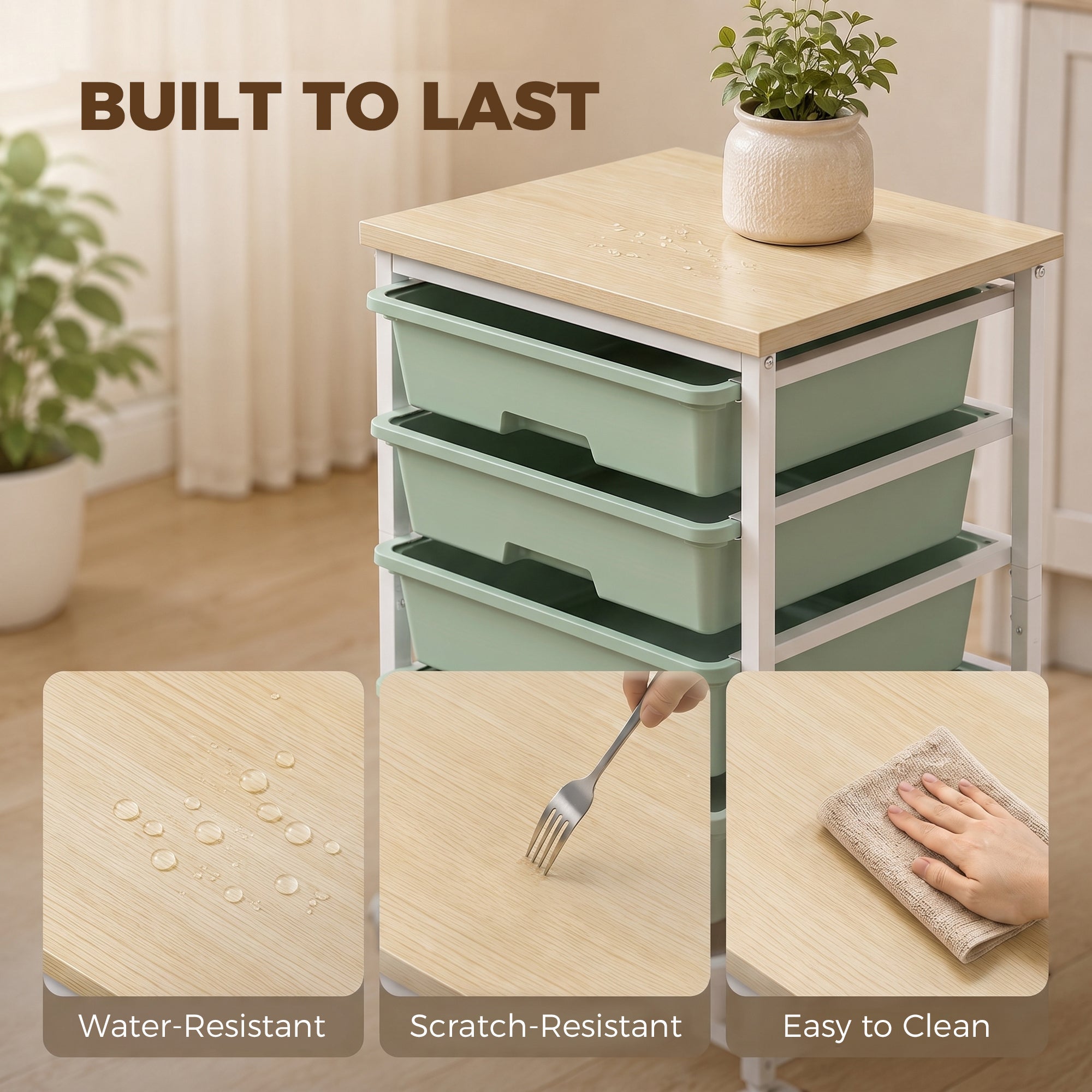 6-Tier Storage Trolley on Wheels, Metal Kitchen Rolling Cart with 5 Pull-Out Drawers, Kitchen Storage Rack for Living Room, Dining Room, Bedroom, Bathroom, Green