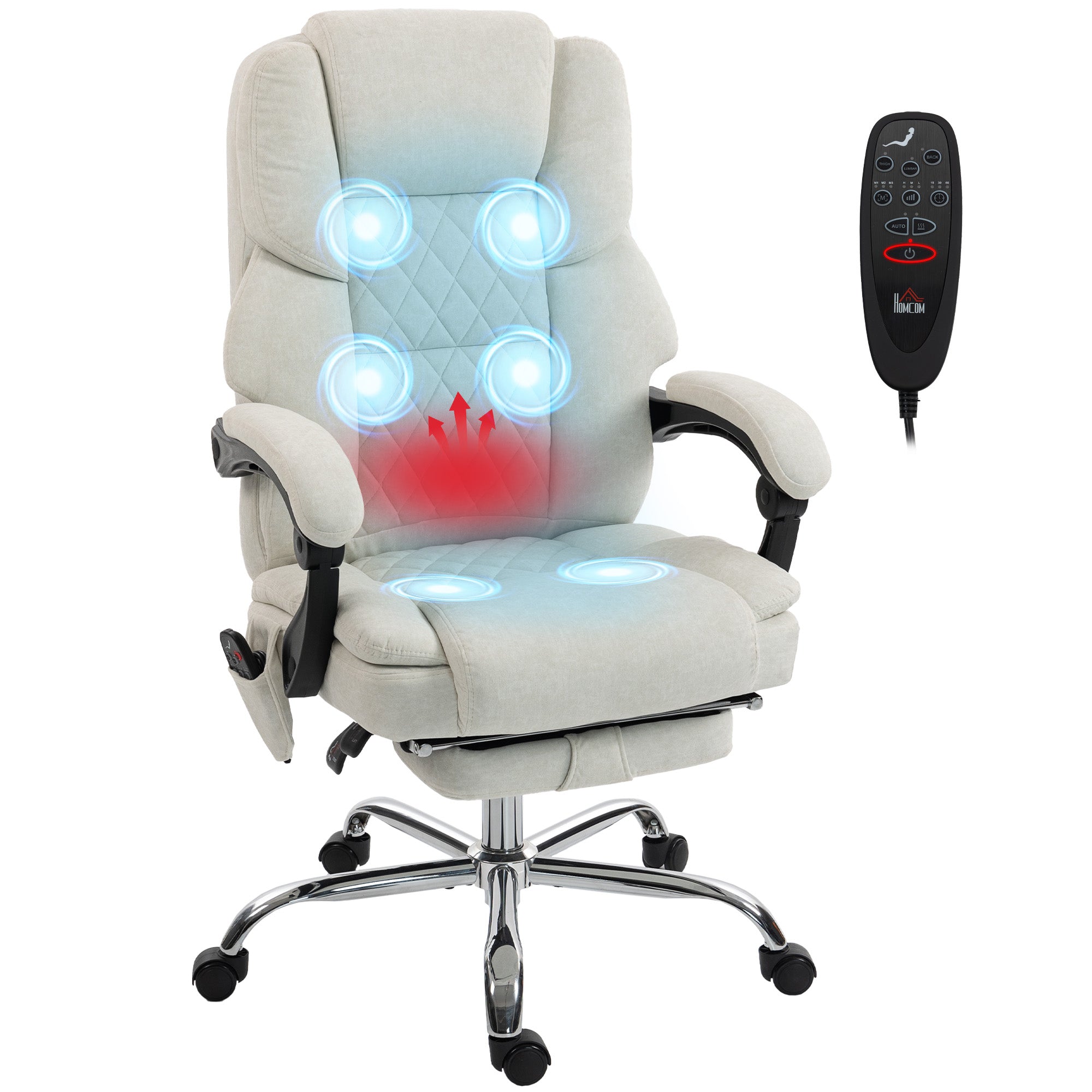 Office Chair with 6-point Vibration Massage and Heat, Velvet-feel Fabric Desk Chair with Footrest, Linkage Armrests, High Back, Adjustable Height, 135° Reclining for Home Office, Cream White