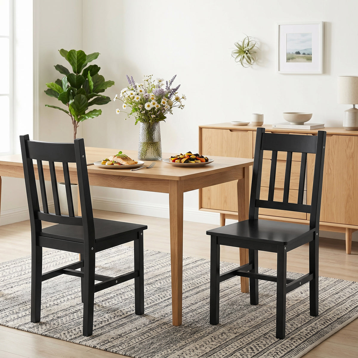 Dining Chairs Set of 2, Kitchen Chair with Slat Back, Pine Wood Structure for Living Room and Dining Room, Black