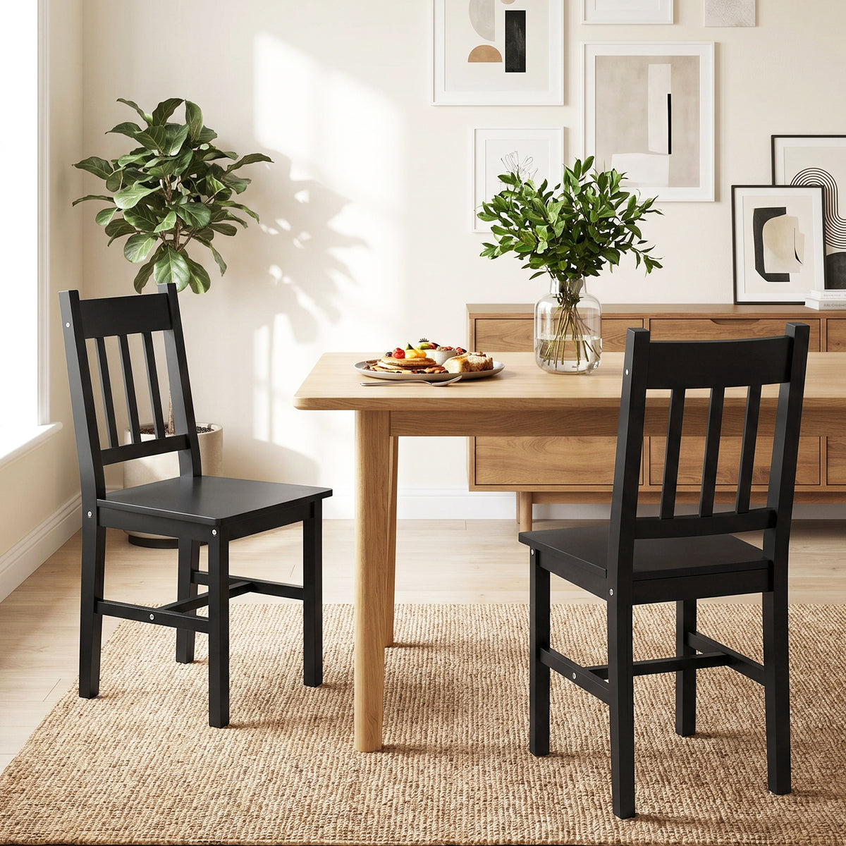 Dining Chairs Set of 2, Kitchen Chair with Slat Back, Pine Wood Structure for Living Room and Dining Room, Black