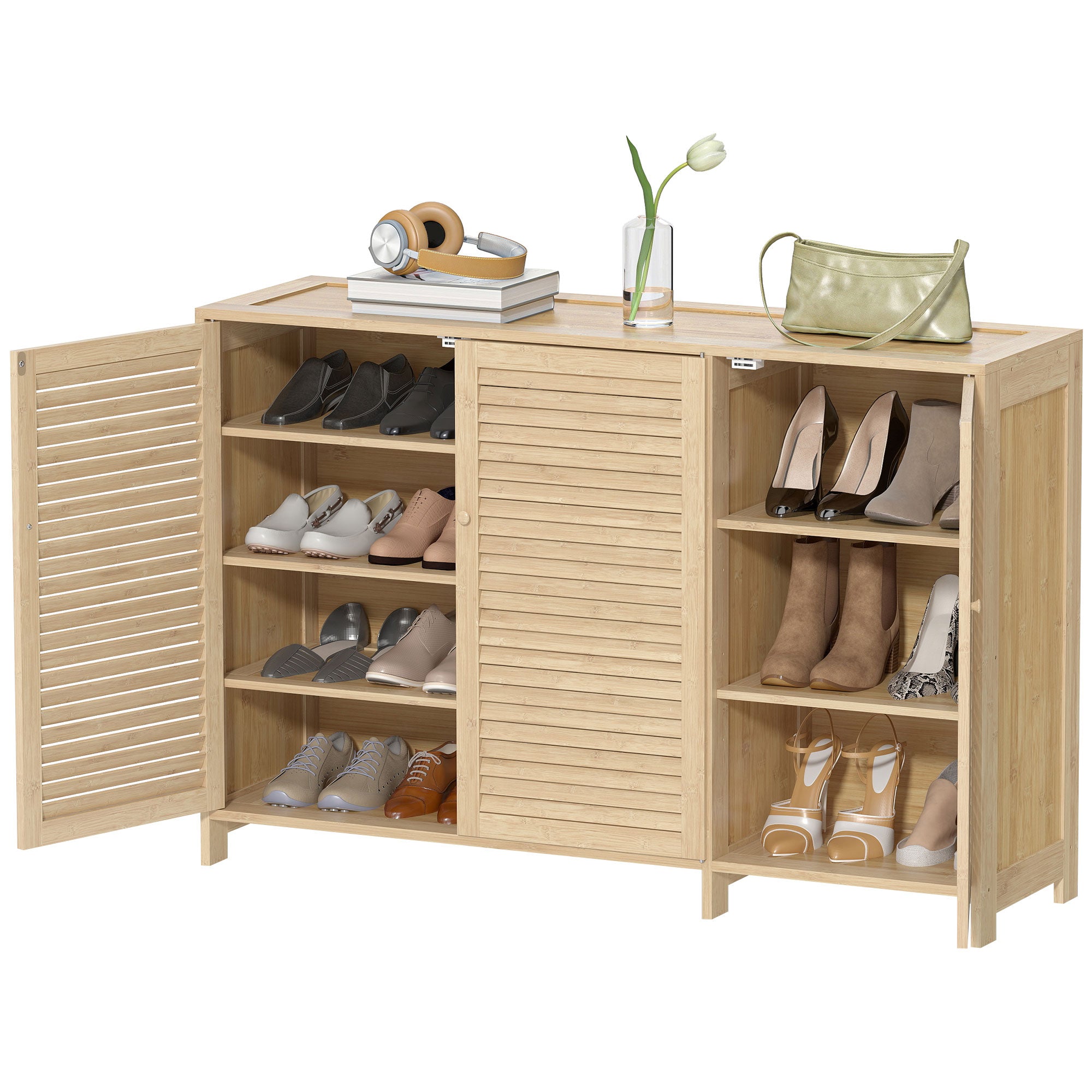 Bamboo Shoe Cabinet with Louvered Doors, Shoe Storage Cabinet with Adjustable Shelves, 18 Pairs Footwear Cupboard for Hallway, Entryway, 120 x 35 x 80 cm, Natural Wood Finish