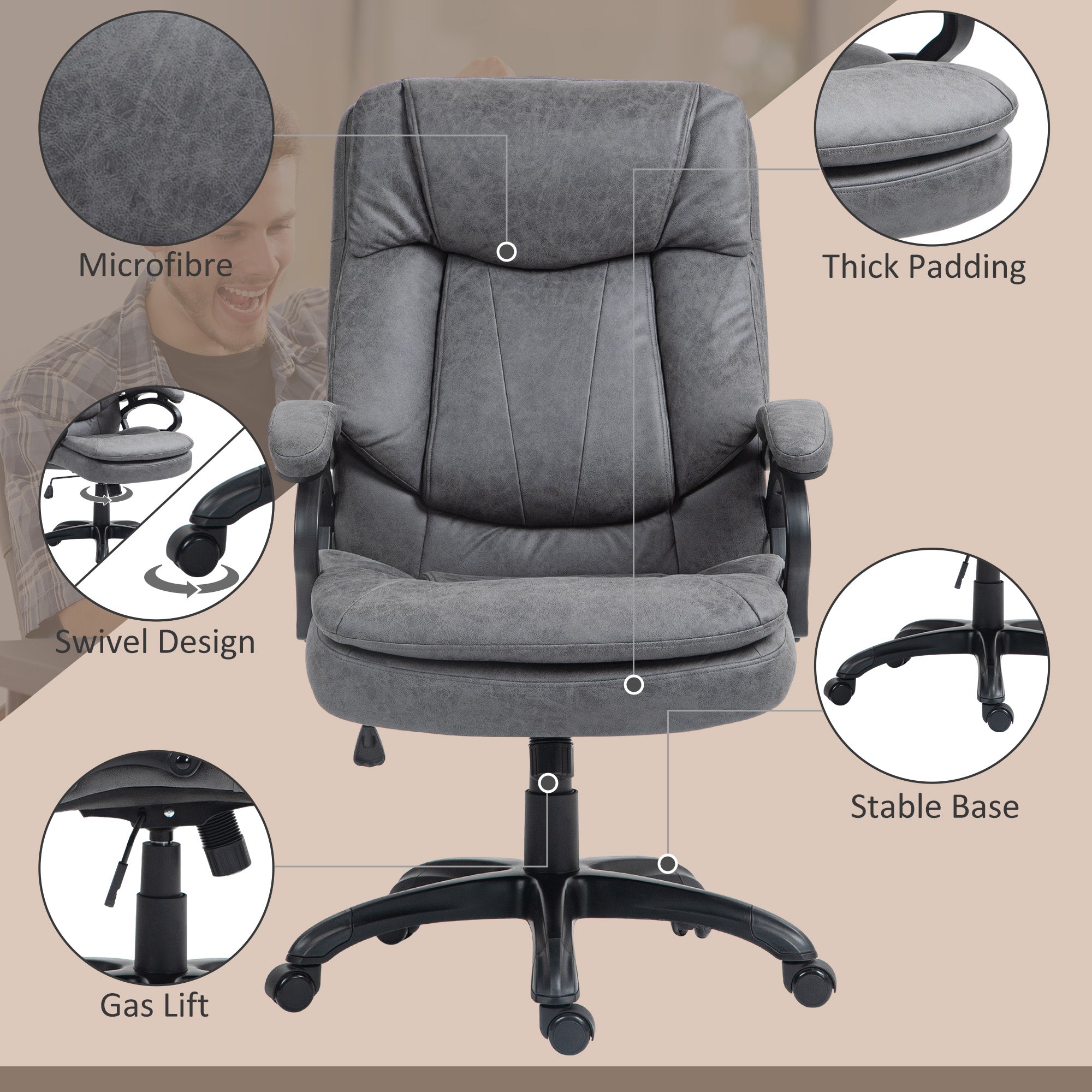 6 Point Vibration Massage Office Chair with Heat Comfy Microfibre Desk Chair Charcoal Gray