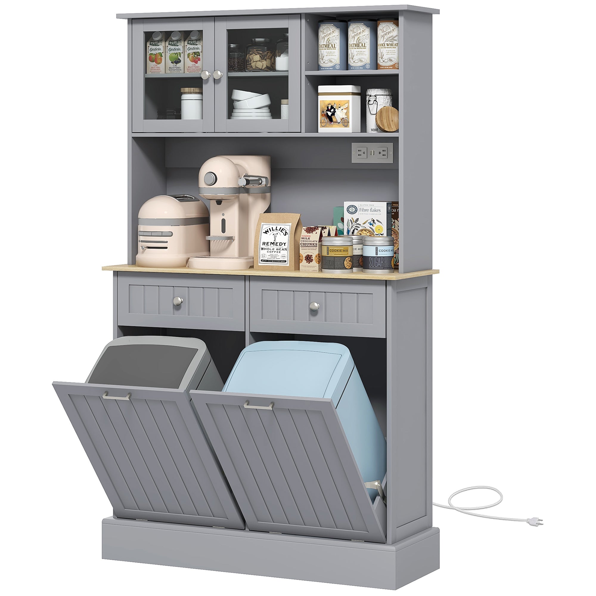 Kitchen Cabinet with Charging Station, 2 Tilt Out Cabinets, Microwave Stand, Freestanding Kitchen Pantry Cabinet, Gray