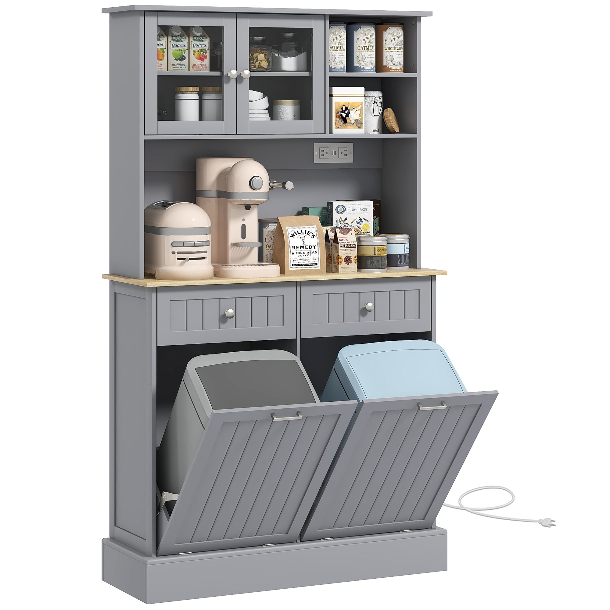 Kitchen Cabinet with Charging Station, 2 Tilt Out Cabinets, Microwave Stand, Freestanding Kitchen Pantry Cabinet, Gray