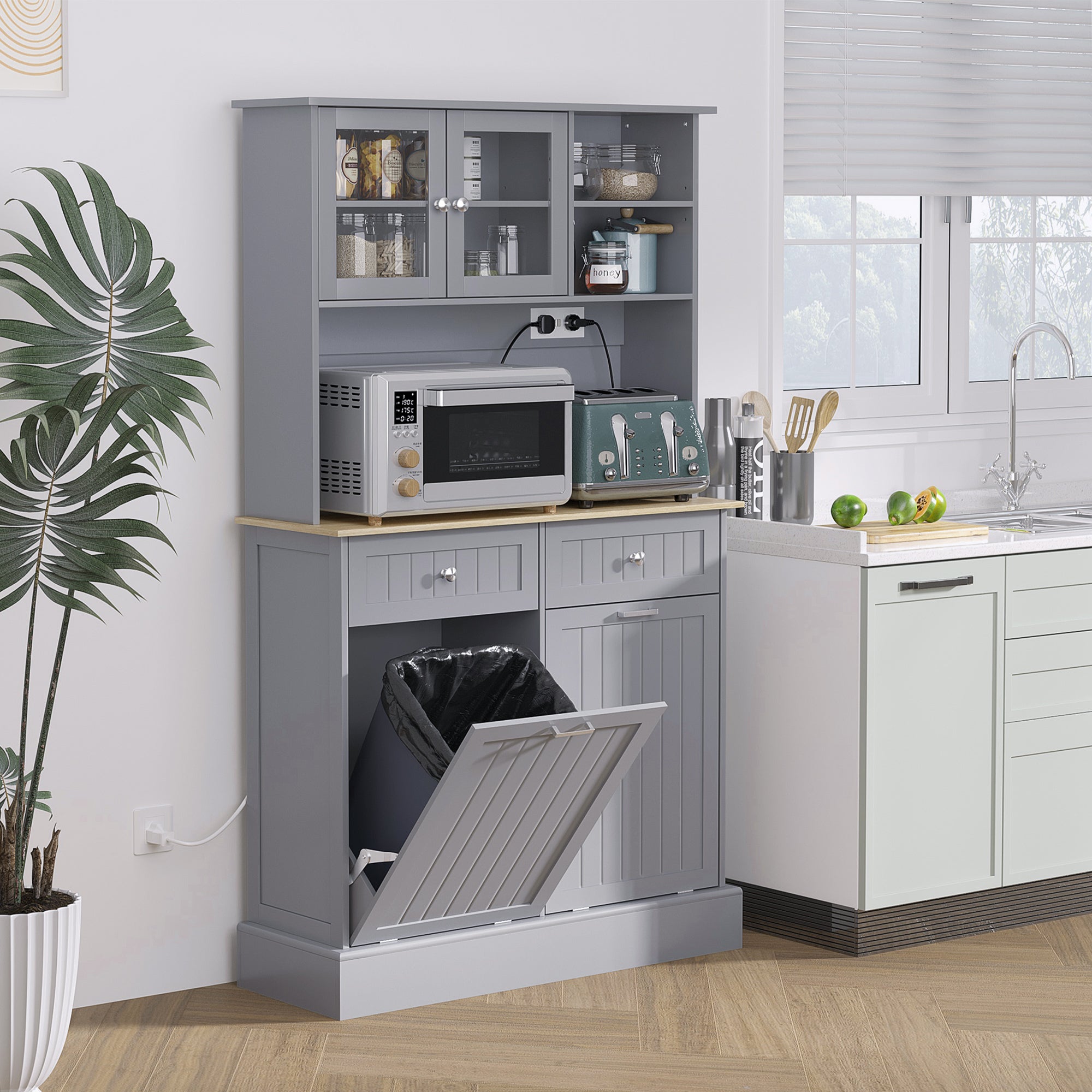 Kitchen Cabinet with Charging Station, 2 Tilt Out Cabinets, Microwave Stand, Freestanding Kitchen Pantry Cabinet, Gray