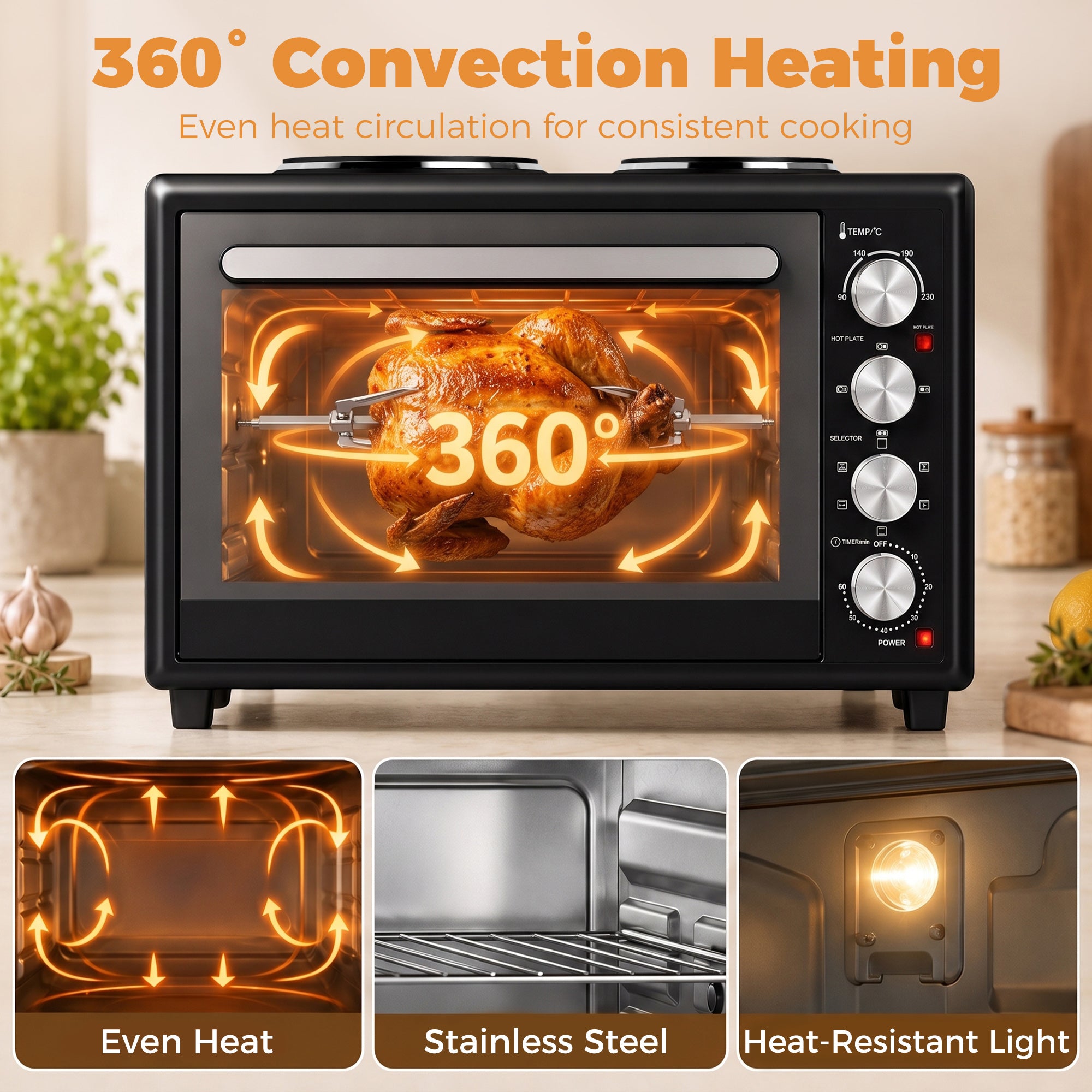 46L Mini Oven with Dual Hot Plates, Electric Countertop Cooker with Convection, 90–230°C Adjustable Temperature, 60 Minute Timer, Portable Oven with Wire Rack & Baking Tray, 1800W, Black
