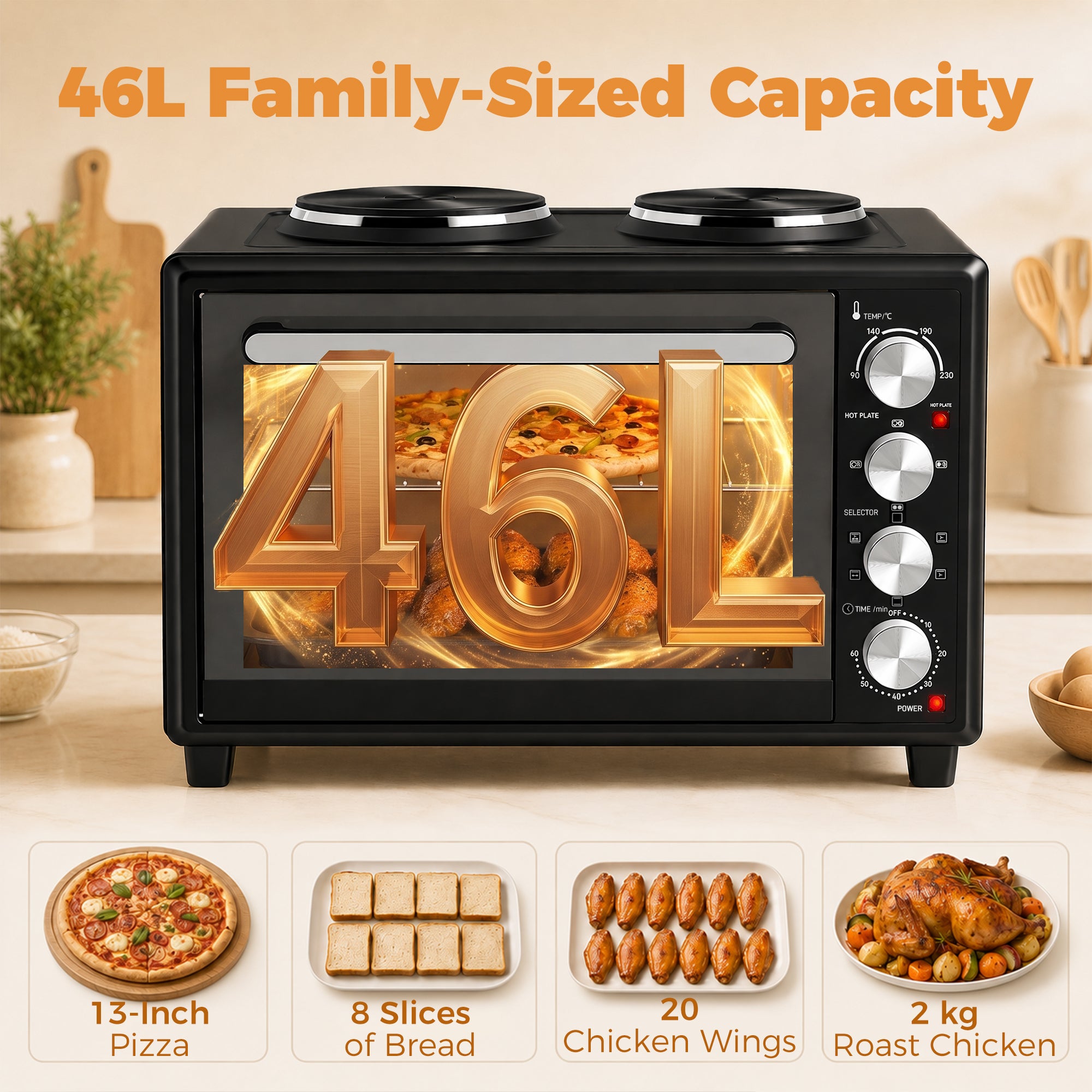 46L Mini Oven with Dual Hot Plates, Electric Countertop Cooker with Convection, 90–230°C Adjustable Temperature, 60 Minute Timer, Portable Oven with Wire Rack & Baking Tray, 1800W, Black