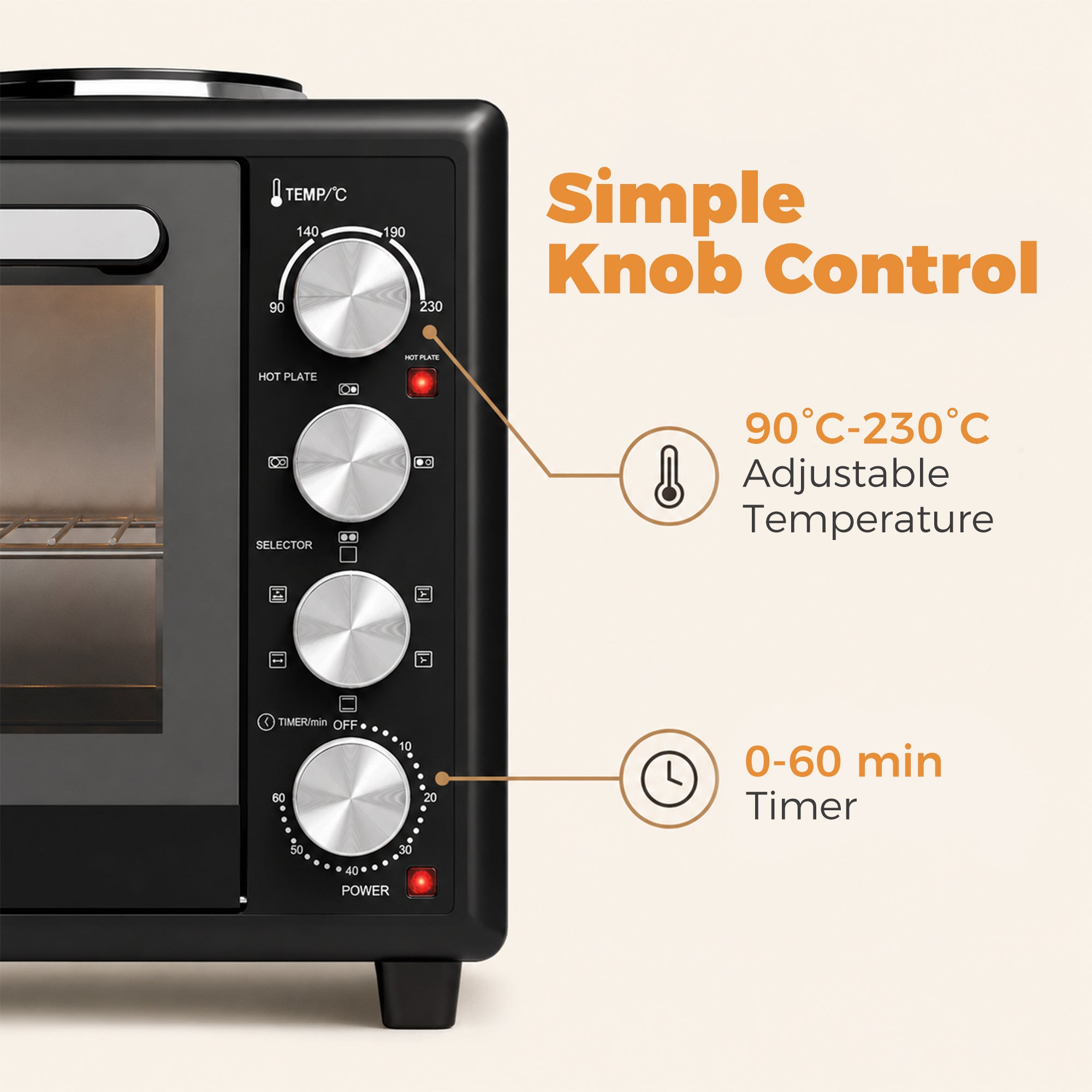 46L Mini Oven with Dual Hot Plates, Electric Countertop Cooker with Convection, 90–230°C Adjustable Temperature, 60 Minute Timer, Portable Oven with Wire Rack & Baking Tray, 1800W, Black
