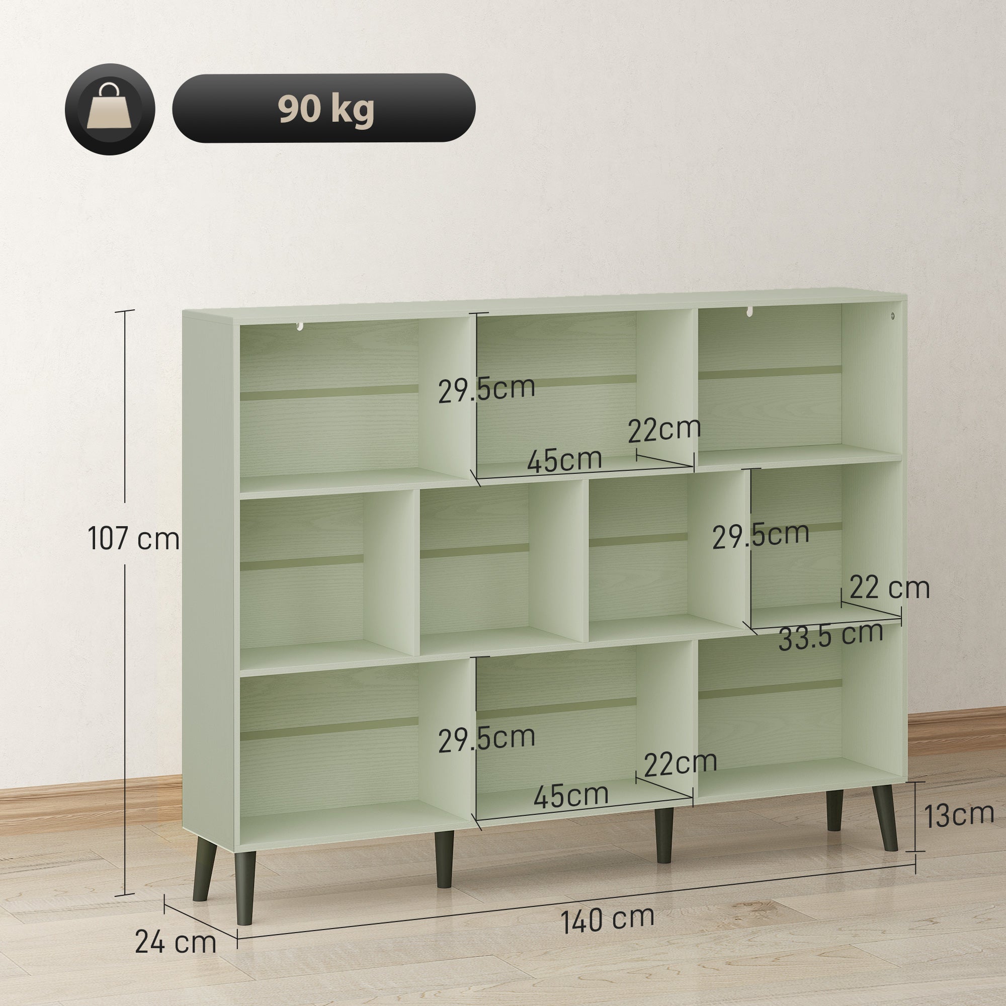 10-Cube Bookshelf, 3-Tier Bookcase with Solid Wood Legs, 140 cm Modern Freestanding Book Shelf with Anti-Tip Kit for Bedroom Living Room Study Office, Light Green