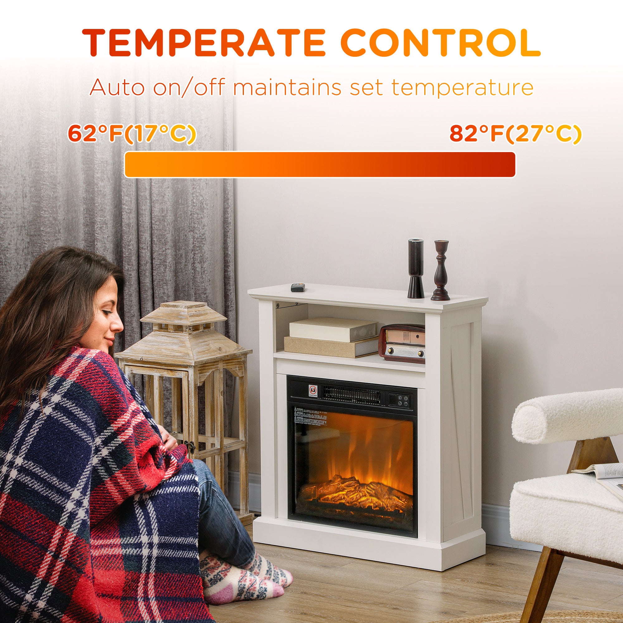 27" Electric Wood Burning Stove Freestanding Fireplace w/ Remote 1400W White