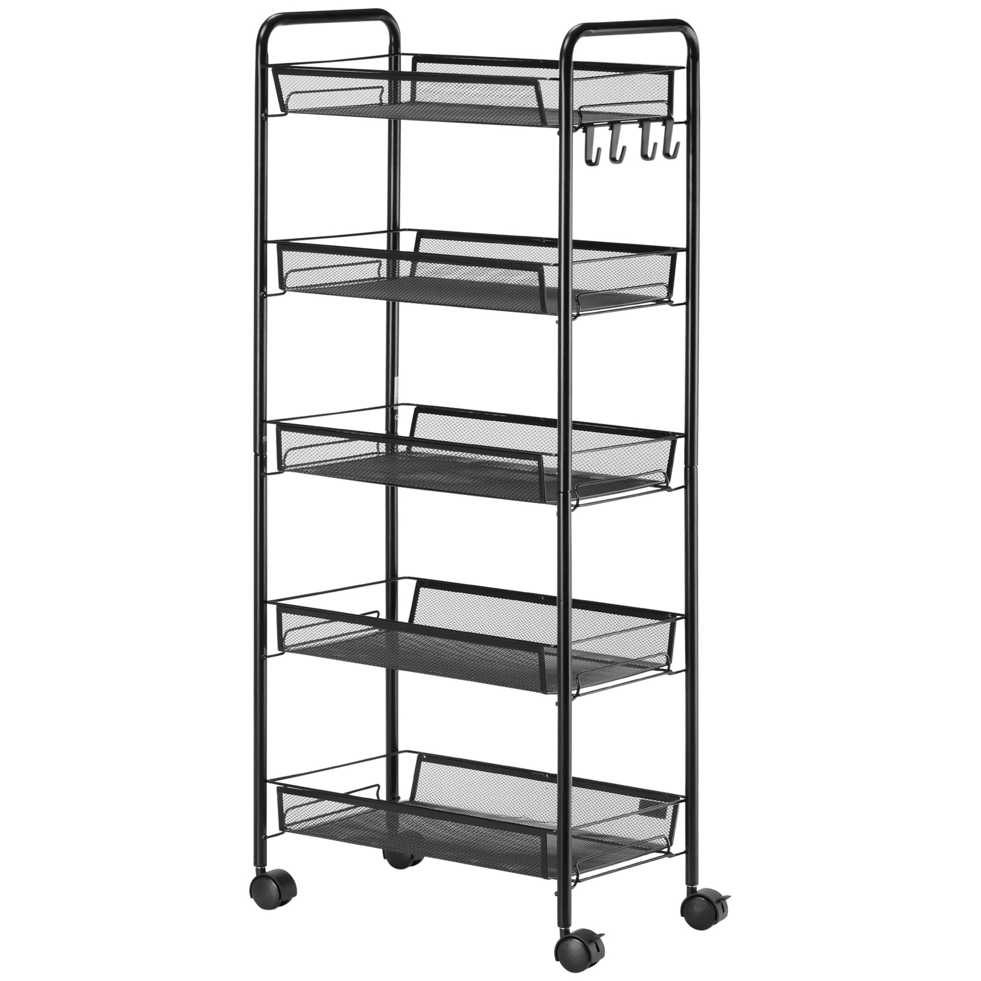 5 Tier Utility Rolling Cart Metal Storage Cart Kitchen Cart with Removable Mesh Baskets Black