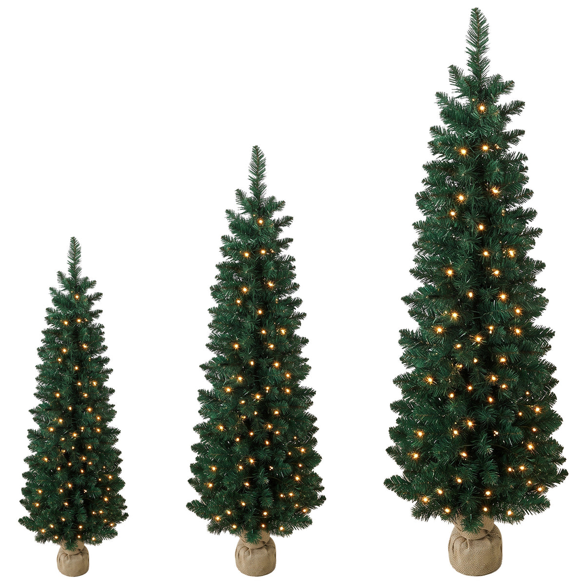 Artificial Pencil Christmas Tree Set of 3, Pre-Lit Christmas Trees with PVC Tips and Warm White LED Lights, Slim Xmas Decorations, 3/4/5 ft, Green
