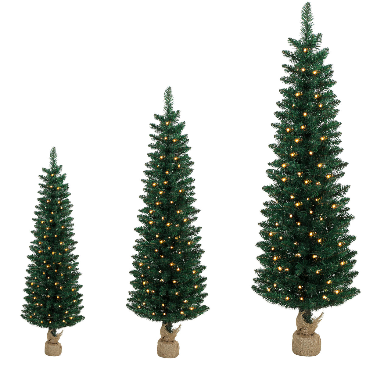 Artificial Pencil Christmas Tree Set of 3, Pre-Lit Christmas Trees with PVC Tips and Warm White LED Lights, Slim Xmas Decorations, 3/4/5 ft, Green
