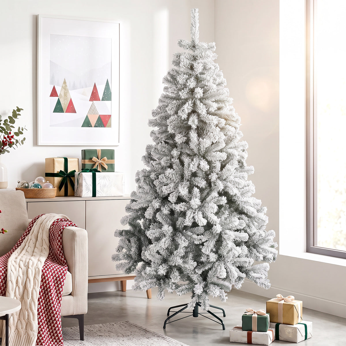 6ft Snow Flocked Christmas Tree with 650 Branch Tips, Easy-Assembly Hinged Design, Artificial Full Fir Xmas Tree with Steel Stand for Home Office Holiday, Green and White