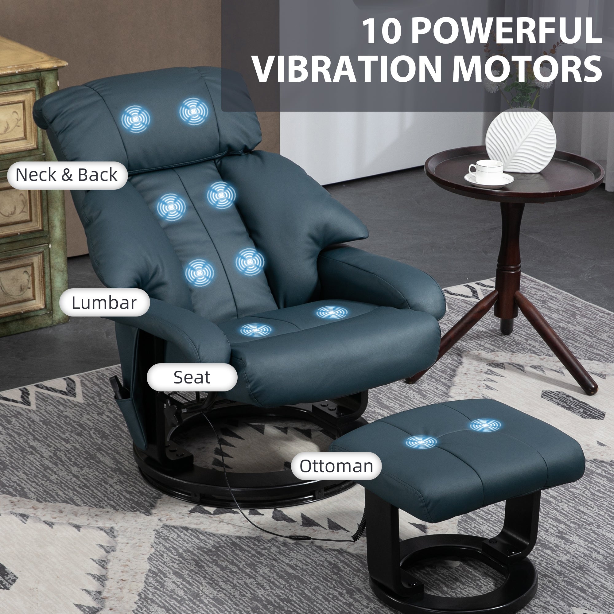 Massage Recliner Chair with Ottoman, 360° Swivel Recliner and Footstool, 10-Point Vibration, PU Leather Reclining Chair with Remote Control, Blue