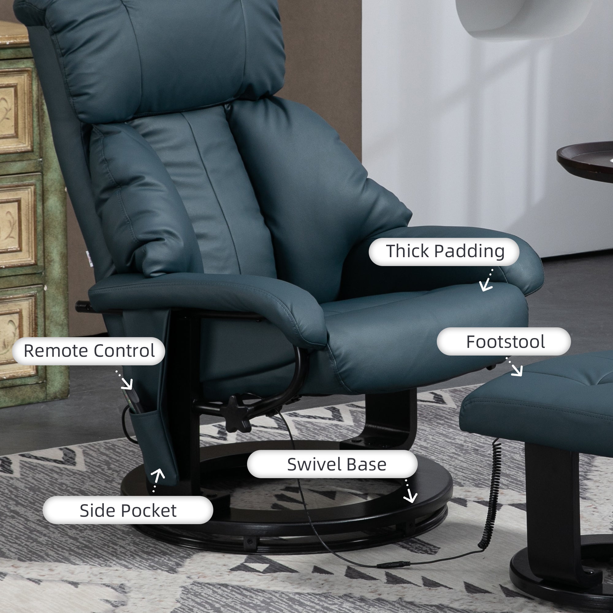 Massage Recliner Chair with Ottoman, 360° Swivel Recliner and Footstool, 10-Point Vibration, PU Leather Reclining Chair with Remote Control, Blue