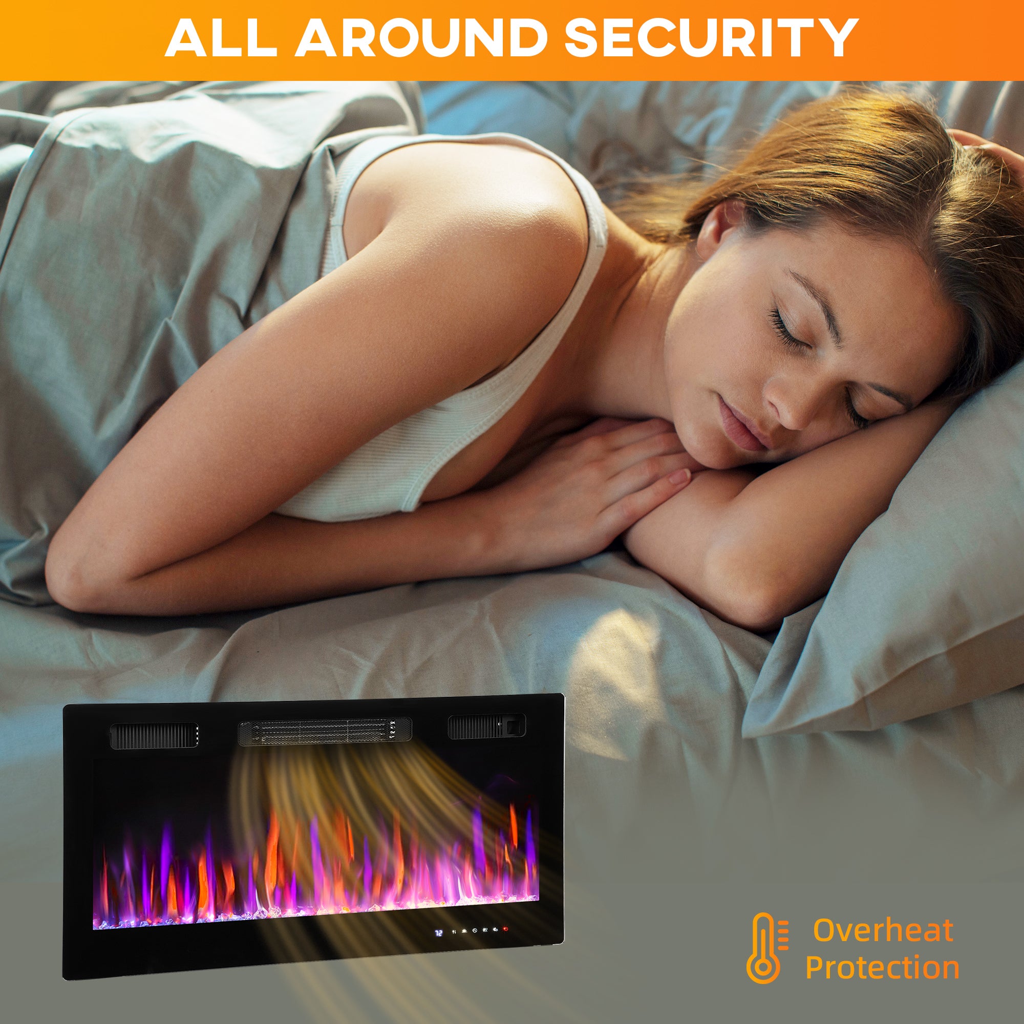 91cm/36" Electric Fireplace, Ultra-Slim Wall Mounted and Recessed Electric Fire Heater with Adjustable Flame and Thermostat, Eco Mode, Auto Switch, Weekly and 24H Timer, Remote, 900W/1800W