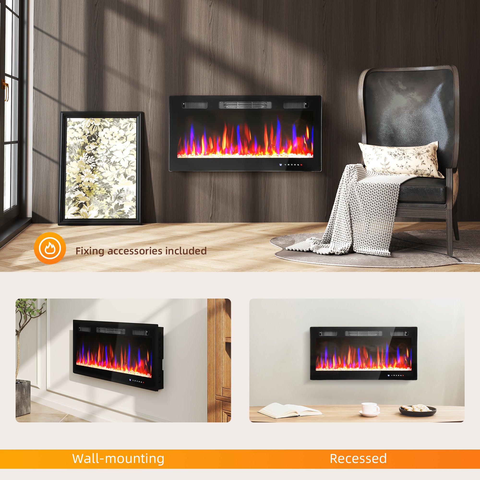 91cm/36" Electric Fireplace, Ultra-Slim Wall Mounted and Recessed Electric Fire Heater with Adjustable Flame and Thermostat, Eco Mode, Auto Switch, Weekly and 24H Timer, Remote, 900W/1800W