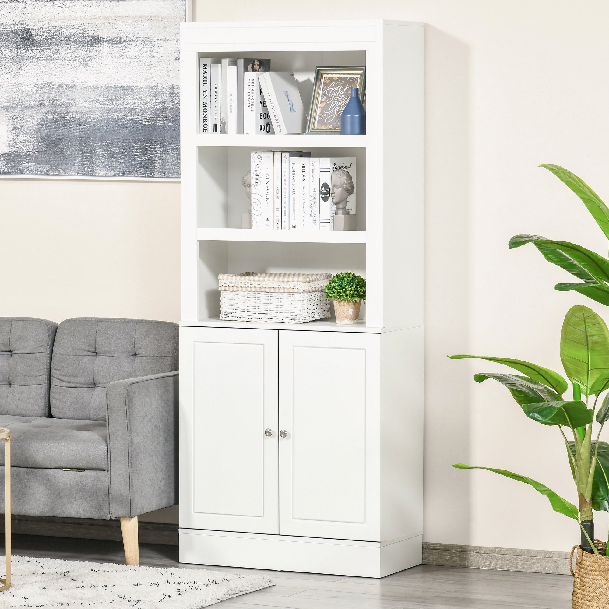 Kitchen Cupboard with 6-tier Shelving, Freestanding Storage Cabinet Sideboard, Pantry Cupboard with 3 Open Compartments and Double-door Cabinet with Adjustable Shelves, White