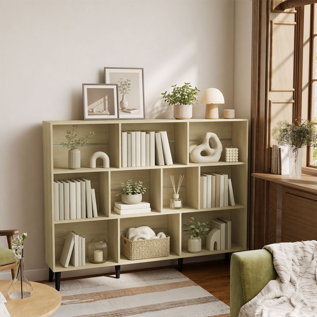 10-Cube Bookshelf, 3-Tier Bookcase with Solid Wood Legs, 140 cm Modern Freestanding Book Shelf with Anti-Tip Kit for Bedroom Living Room Study Office, Oak