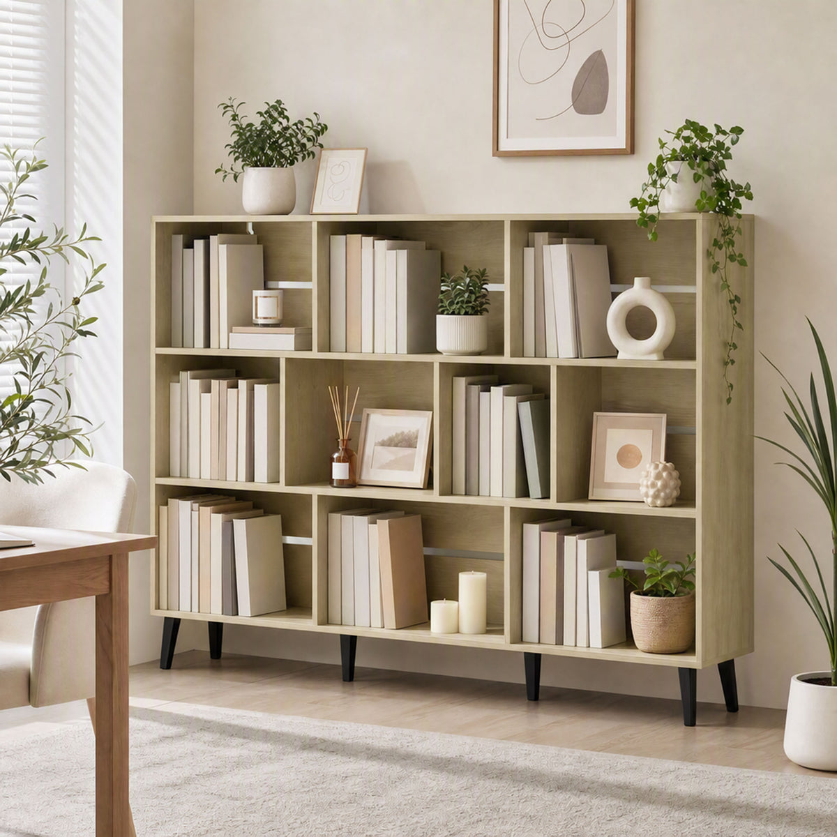 10-Cube Bookshelf, 3-Tier Bookcase with Solid Wood Legs, 140 cm Modern Freestanding Book Shelf with Anti-Tip Kit for Bedroom Living Room Study Office, Oak