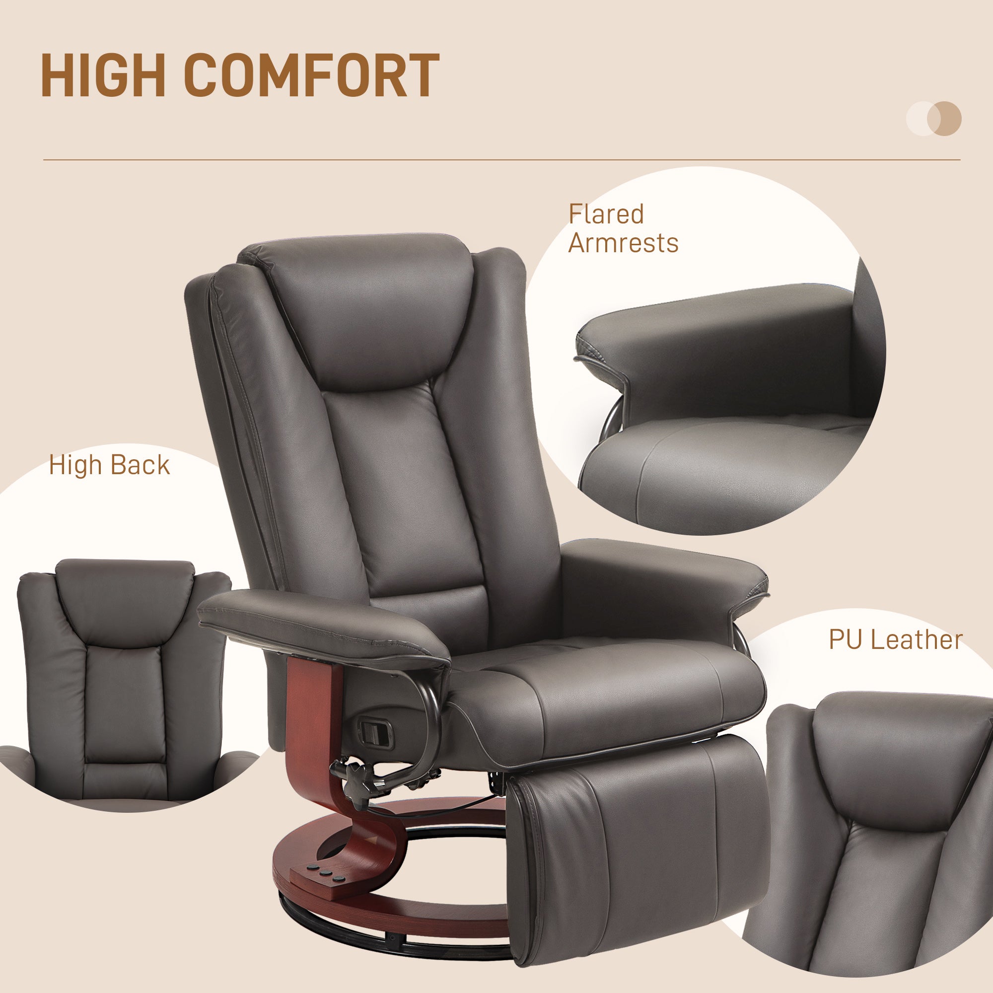 Manual Swivel Recliner Chair, PU Leather Reclining Chair with Footrest for Living Room, Brown