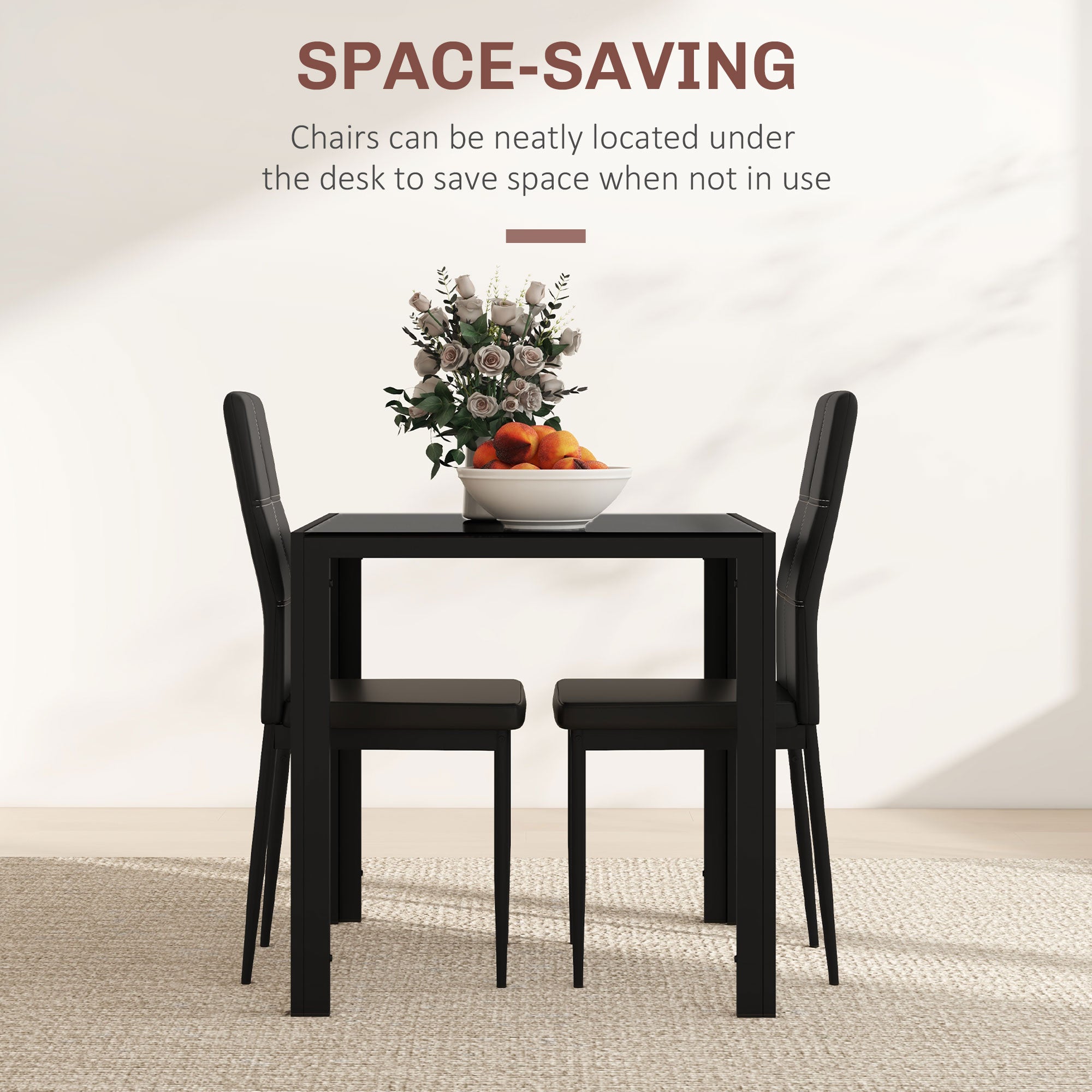 HOMCOM Dining Table Set for 2, 3-Piece Rectangular Glass Kitchen Table and Chairs with Metal Frame and Faux Leather Upholstery for Dining Room, Living Room, Black