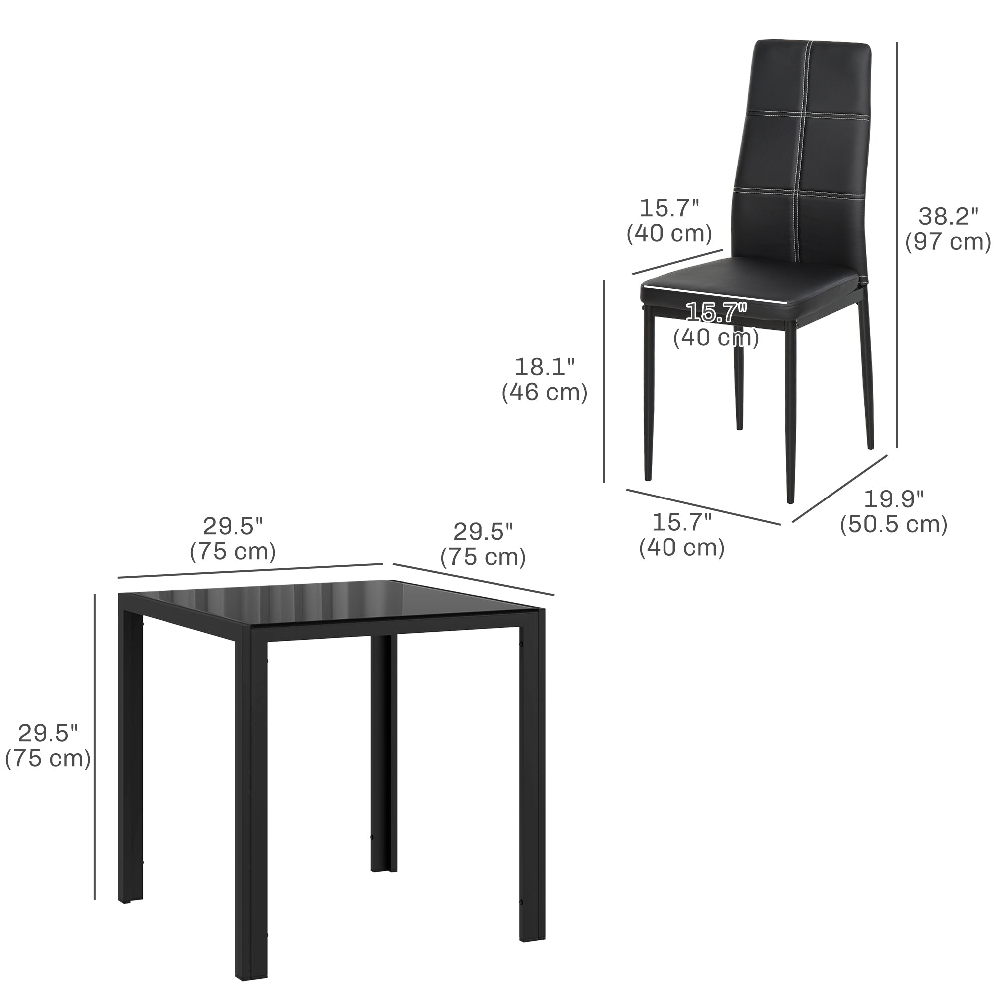 HOMCOM Dining Table Set for 2, 3-Piece Rectangular Glass Kitchen Table and Chairs with Metal Frame and Faux Leather Upholstery for Dining Room, Living Room, Black